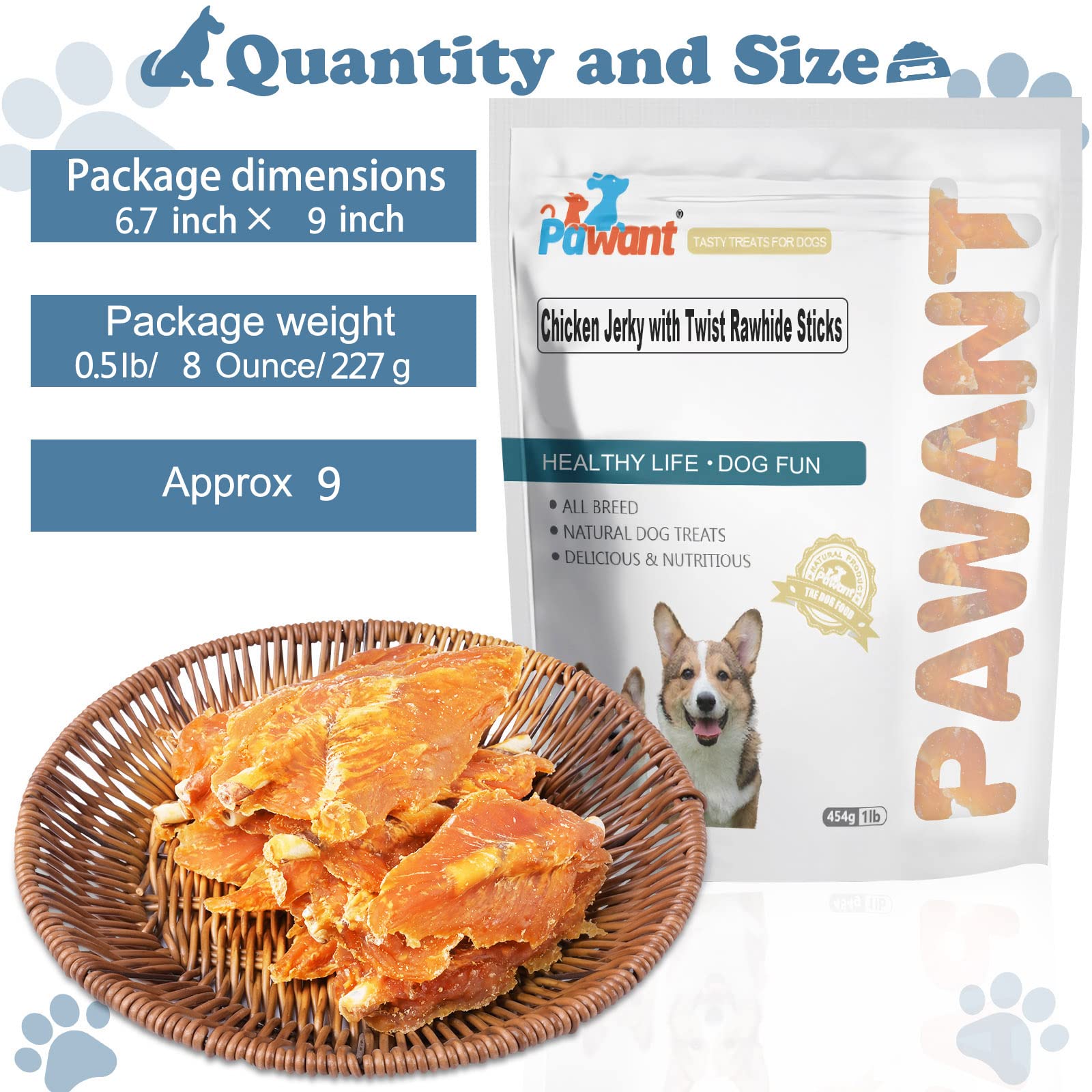 Pawant Chicken Jerky with Twist Rawhide Sticks Puppy Training Snacks Dog Chews Treats 0.5lb/227g