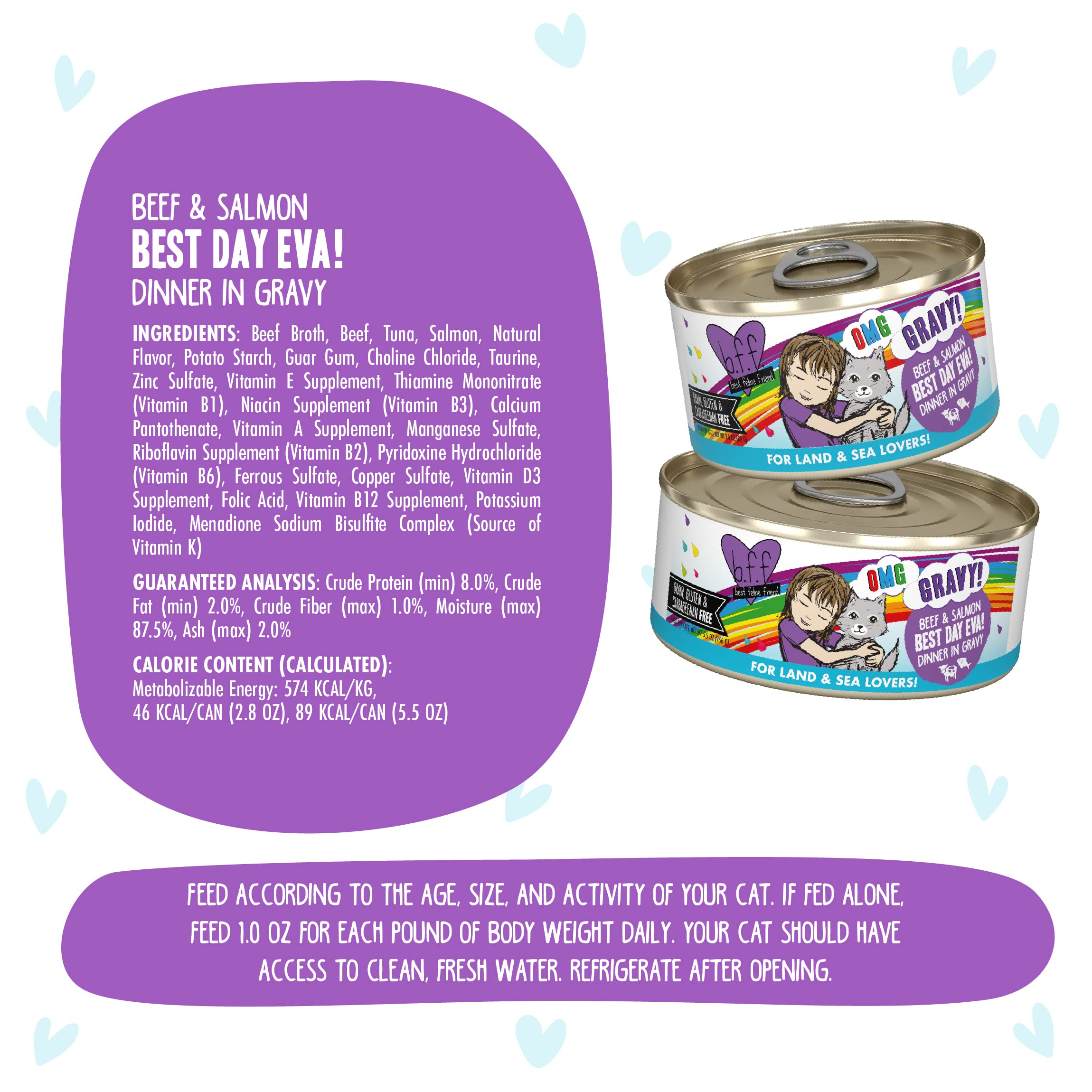 Weruva B.F.F. OMG - Best Feline Friend Oh My Gravy!, Best Day Eva! with Beef & Salmon in Gravy Cat Food, 5.5oz Can (Pack of 8)