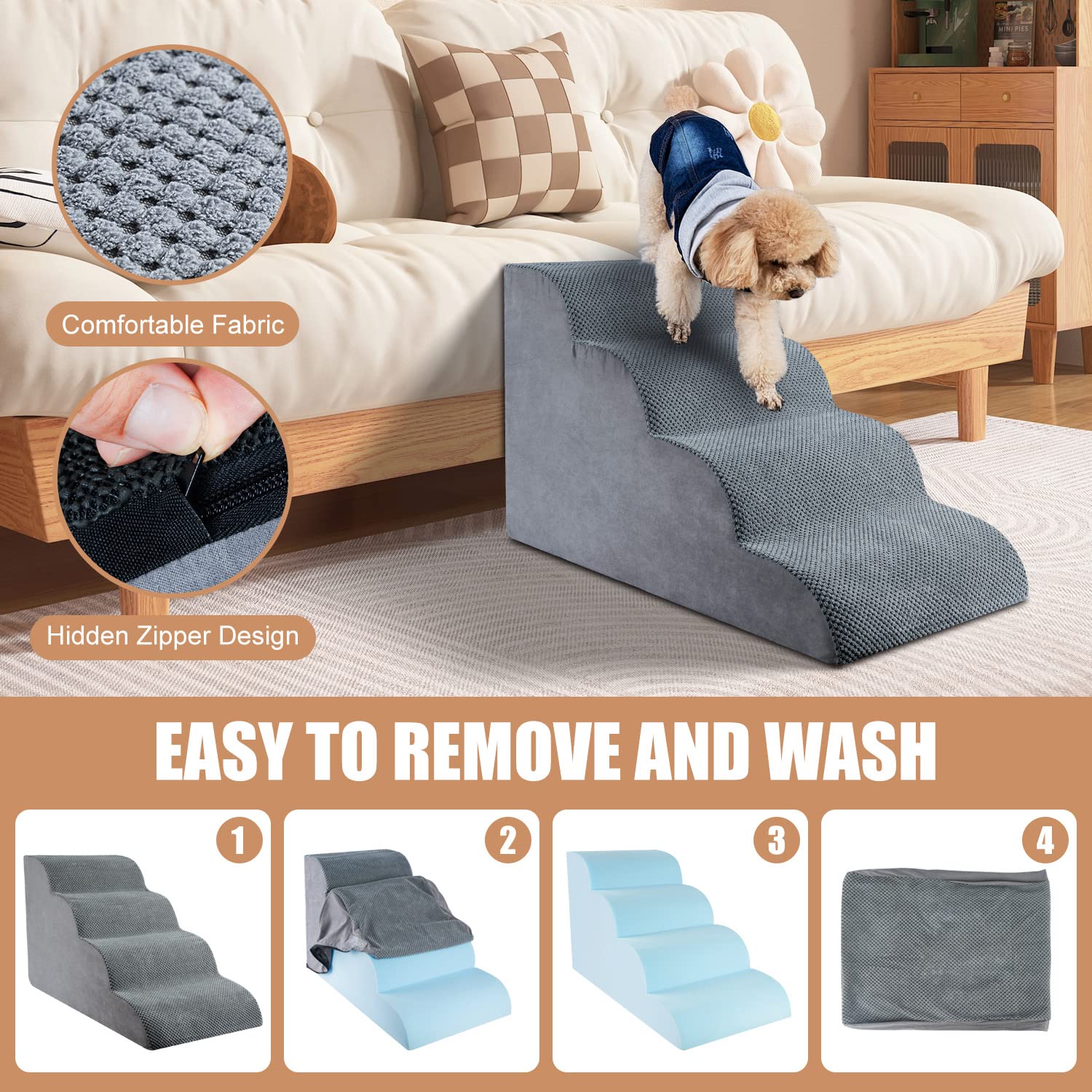 Chic Threads Dog Stairs For High Beds, 4-Step Dog Steps For Couch, Pet Stairs For Small Dogs And Cats, Non-Slip, Stable Indoor D