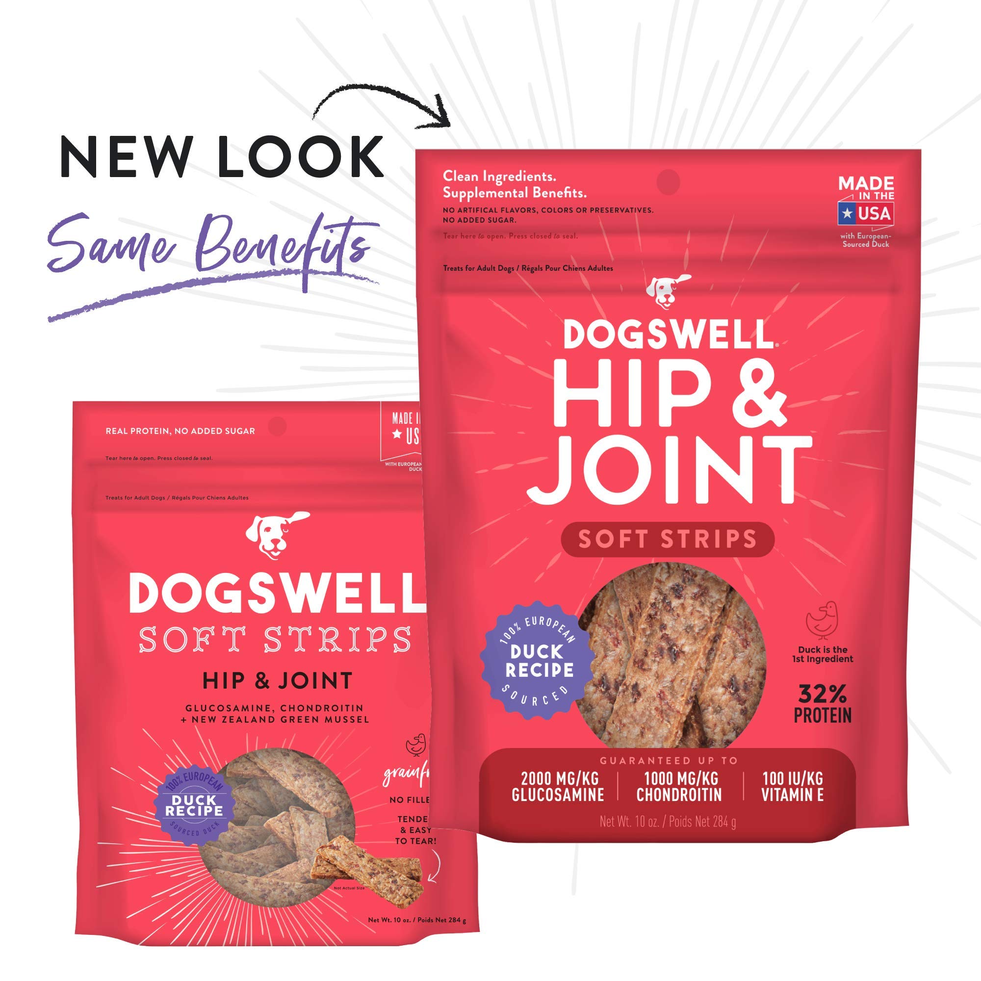 DOGSWELL Hip & Joint Dog Treats 100% Meaty, Grain Free, Glucosamine Chondroitin & Omega 3, Duck Soft Strips 10 oz