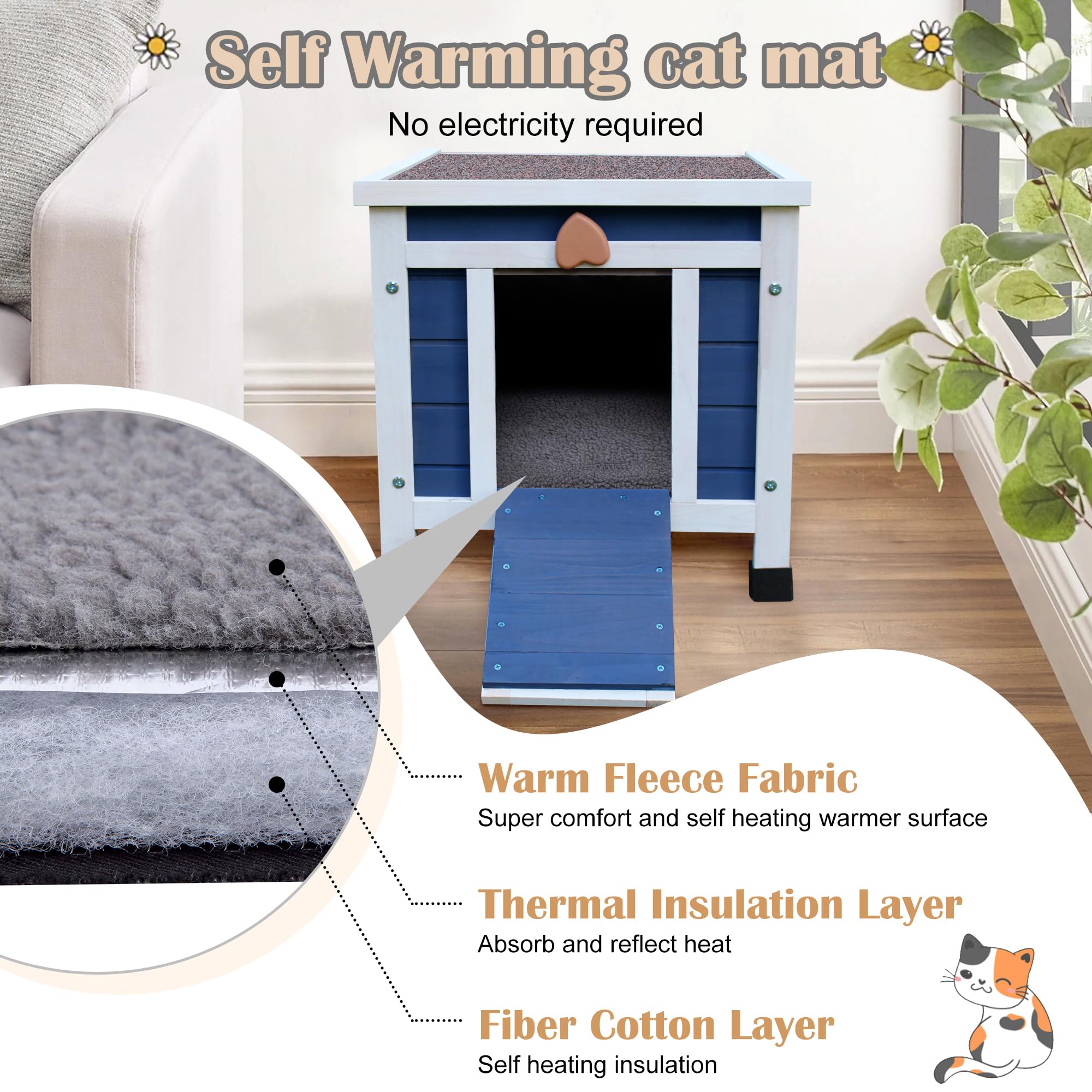 Deblue Outdoor Cat House With Self-Warming Mat, Weatherproof Cat House For Feral Cat, Cat Houses For Outdoor Cats (Blue House Wi