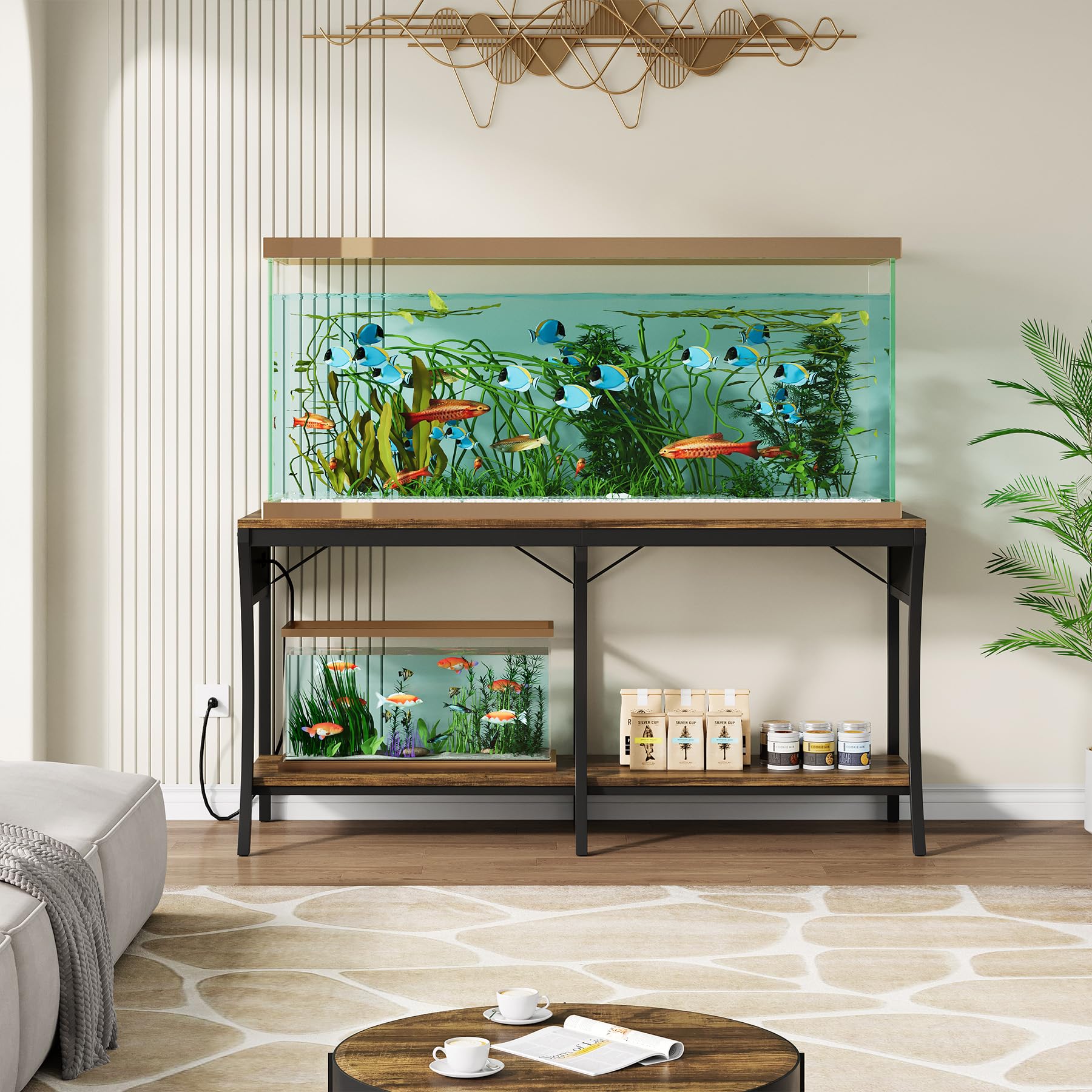 Condemo 55-90 Gallon Fish Tank Stand, 2-Tier Aquarium Stand with LED Light Strip and Power Outlets, Reptile Tank Stand with Meta