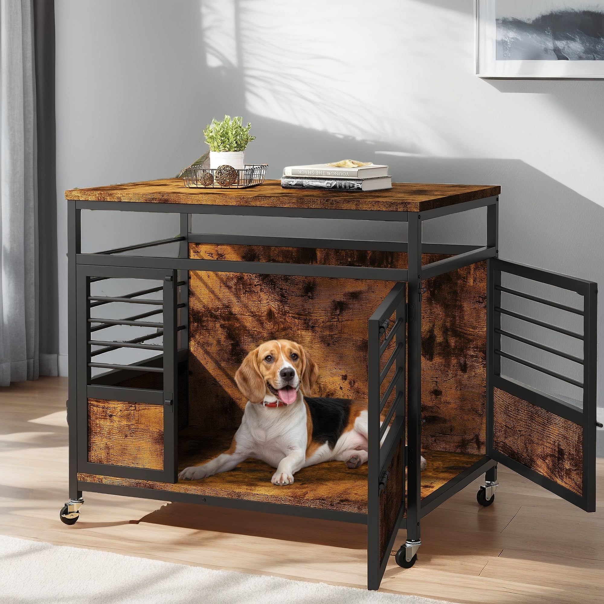 YITAHOME 32 Dog Crate Furniture with Wheels, Farmhouse Decorative Wood Dog Cage End Table Chew-Resistant Wooden Dog Kennel Indoo