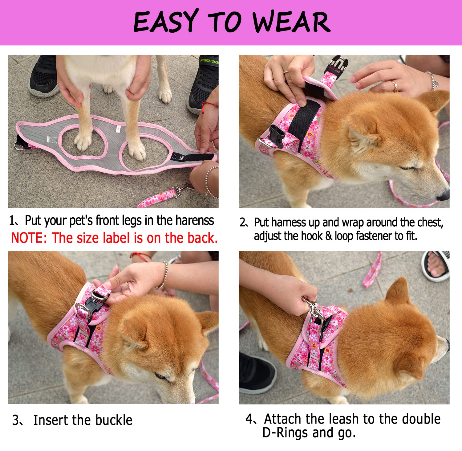 Moonpet Step in Christmas Xmas Day Dog Harness Leash Set- All Weather Reflective No-Pull Floral Pattern Padded Mesh Vest Harness