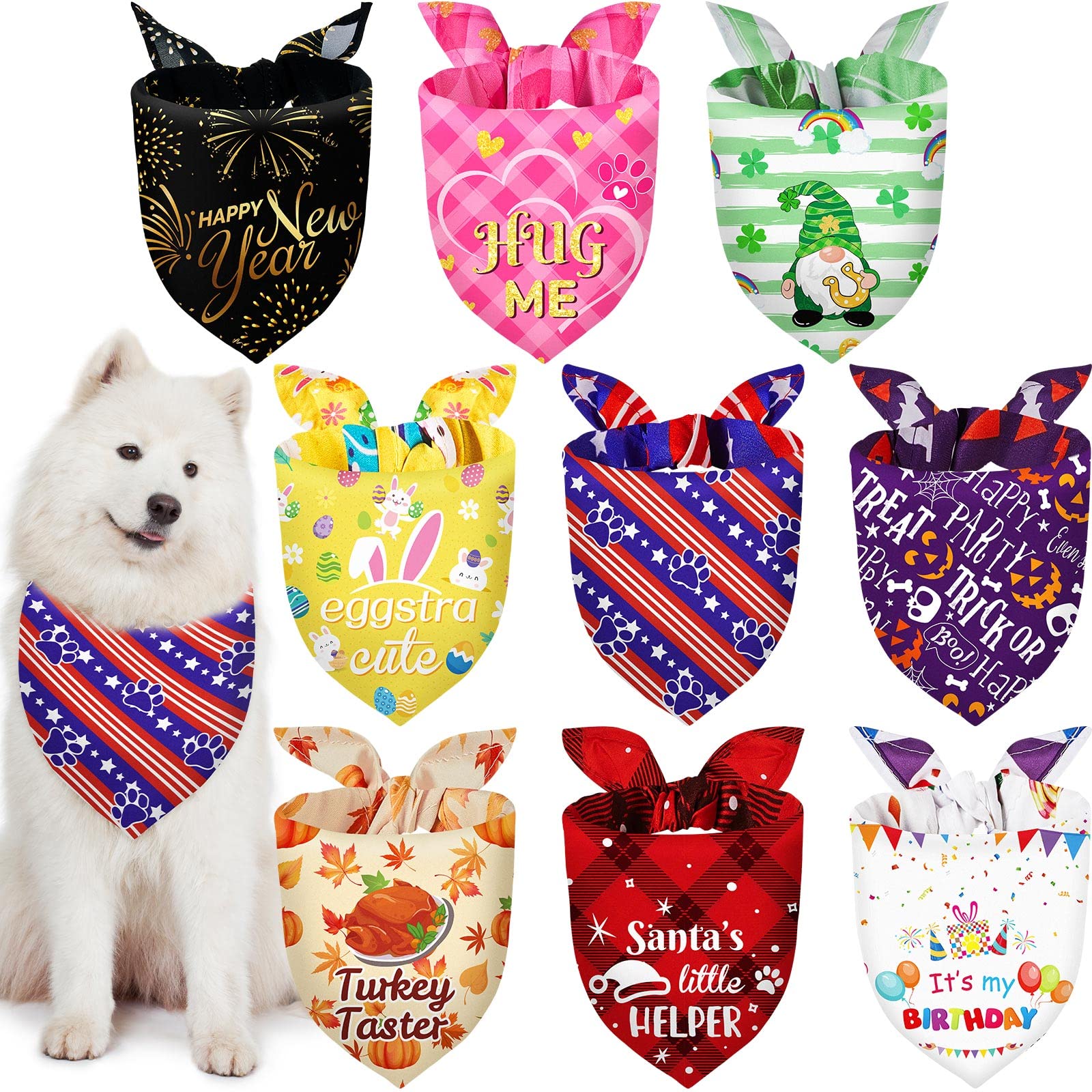 Weewooday 9 Pcs Holiday Dog Bandanas Halloween Dog Bandanas Thanksgiving Christmas Dog Scarf Adjustable Large Pet Scarf Washable