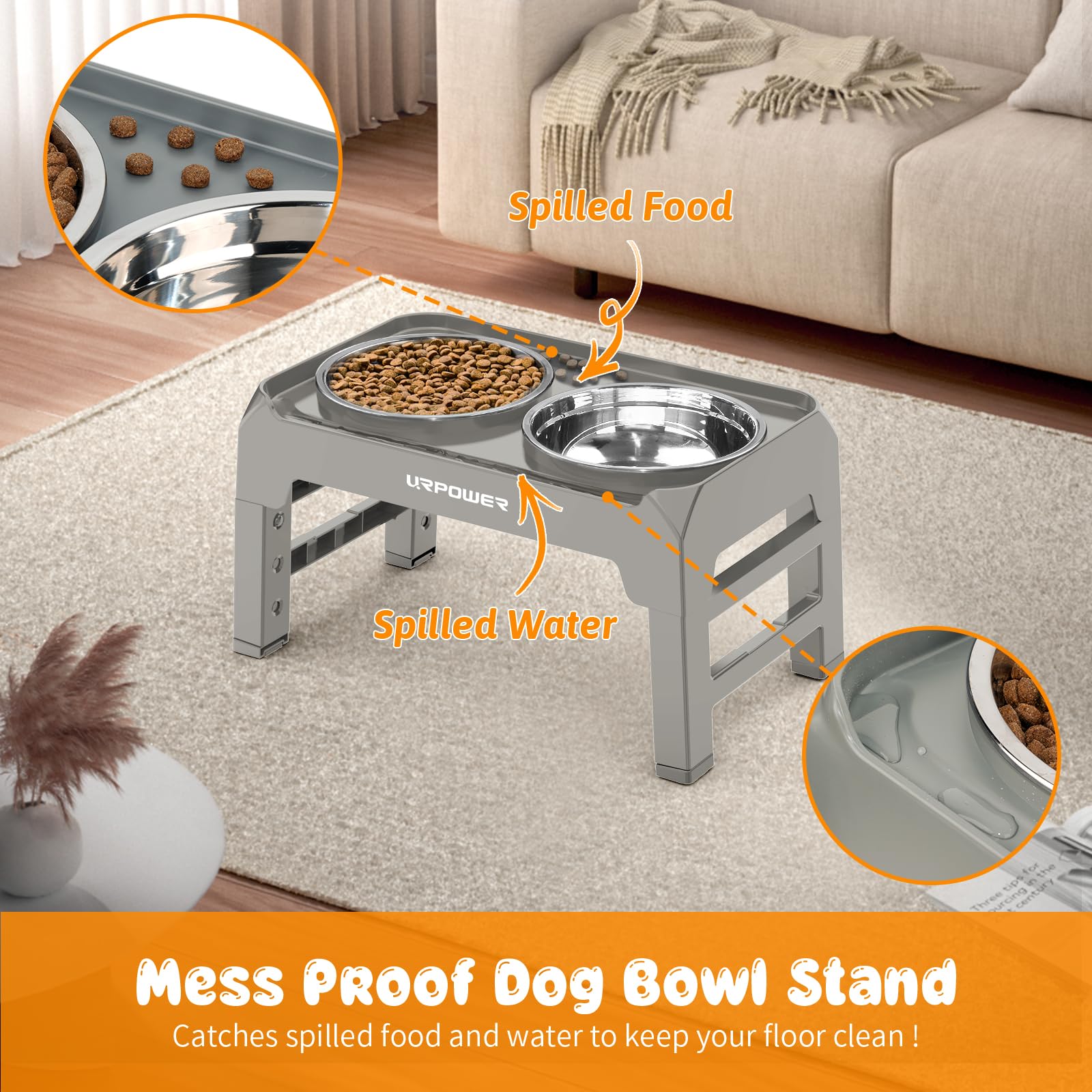 URPOWER 4 Height Adjustable Elevated Dog Bowls - 50oz Large Capacity Stainless Steel Bowls, No-Spill Edge, Non-Slip Stand for Sm