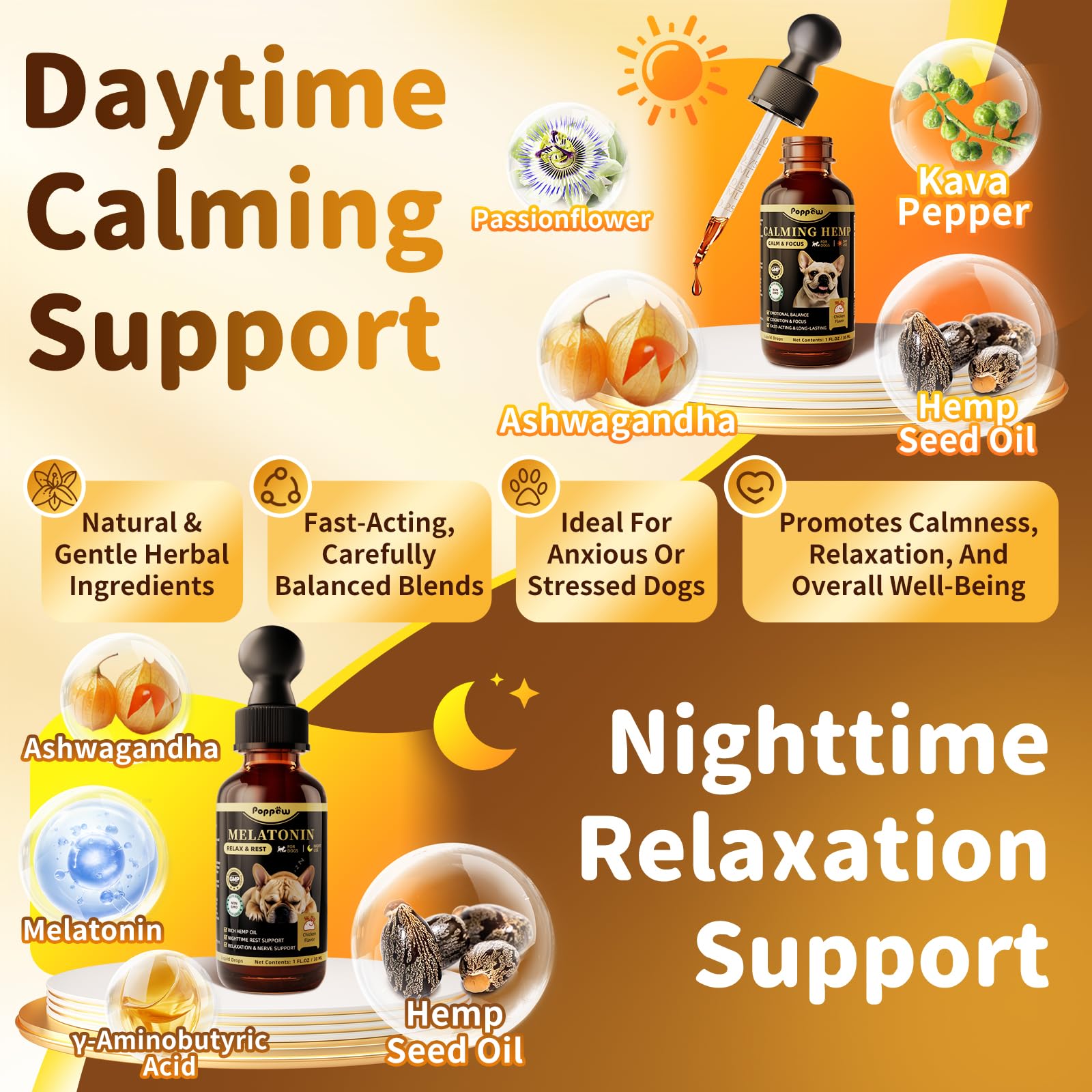 POPPAW Dog Calming & Melatonin Drops, Day & Night Calm Support Set, Soothe Separation & Stress, Enhance Calmness & Sleep with Va