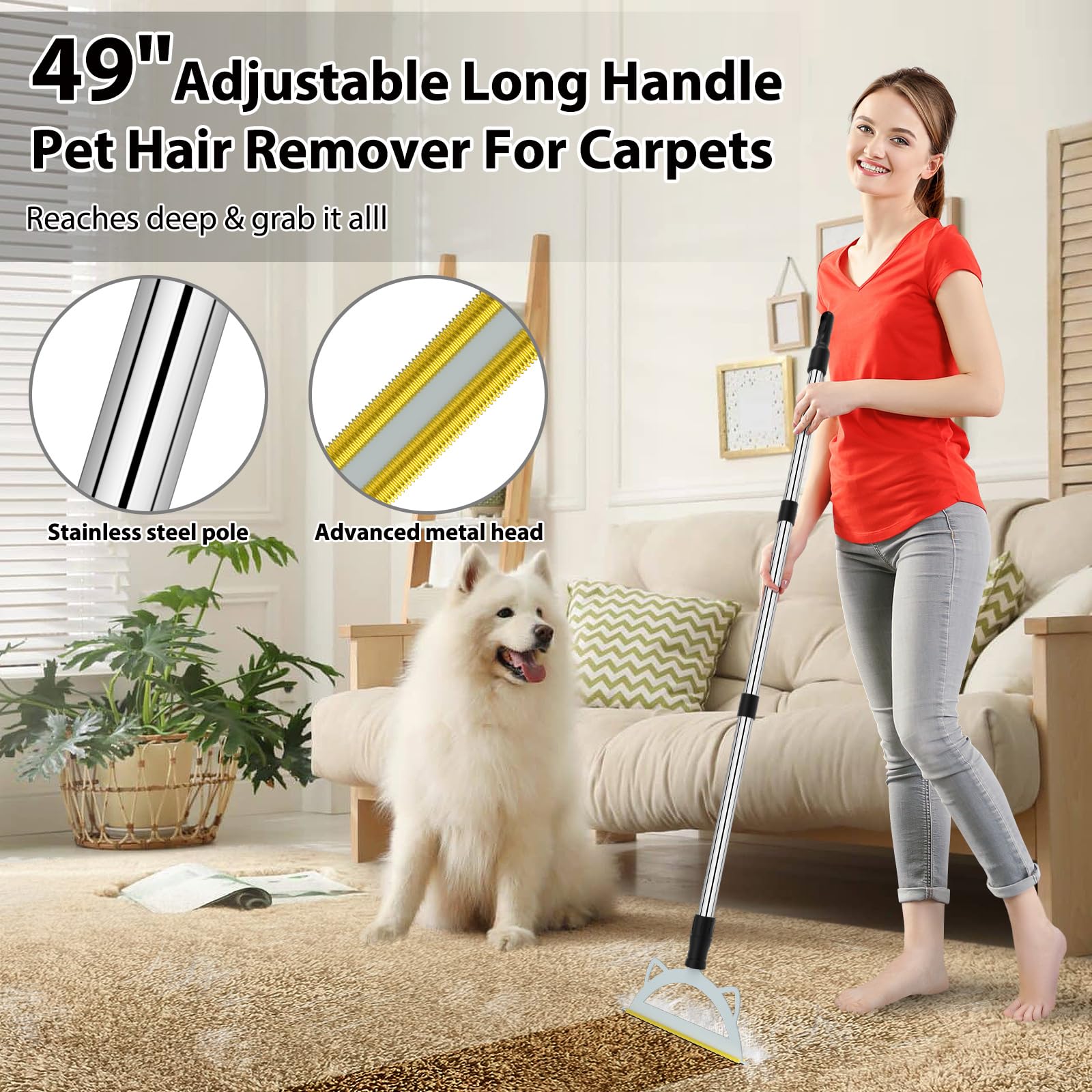 Carpet Rake For Pet Hair Removal, 49    Adjustable Long Handle Pet Hair Removal Tool, Carpet Rake Fur Scraper,Reusable Dog Cat H