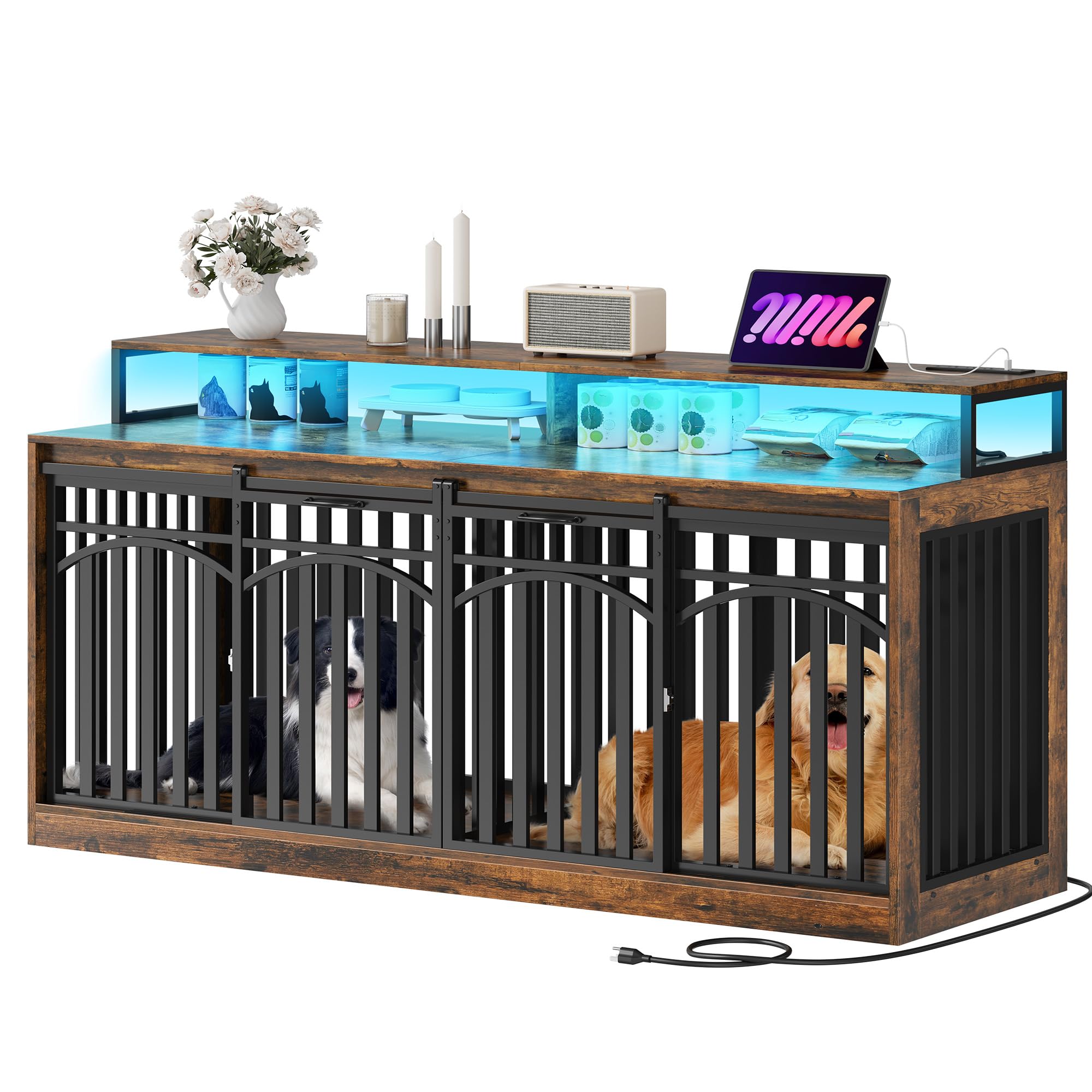 DWVO 71 Double Dog Crate Furniture with LED Light & Power Outlets, Heavy Duty Dual Dog Kennel TV Stand w Storage Shelves Sliding
