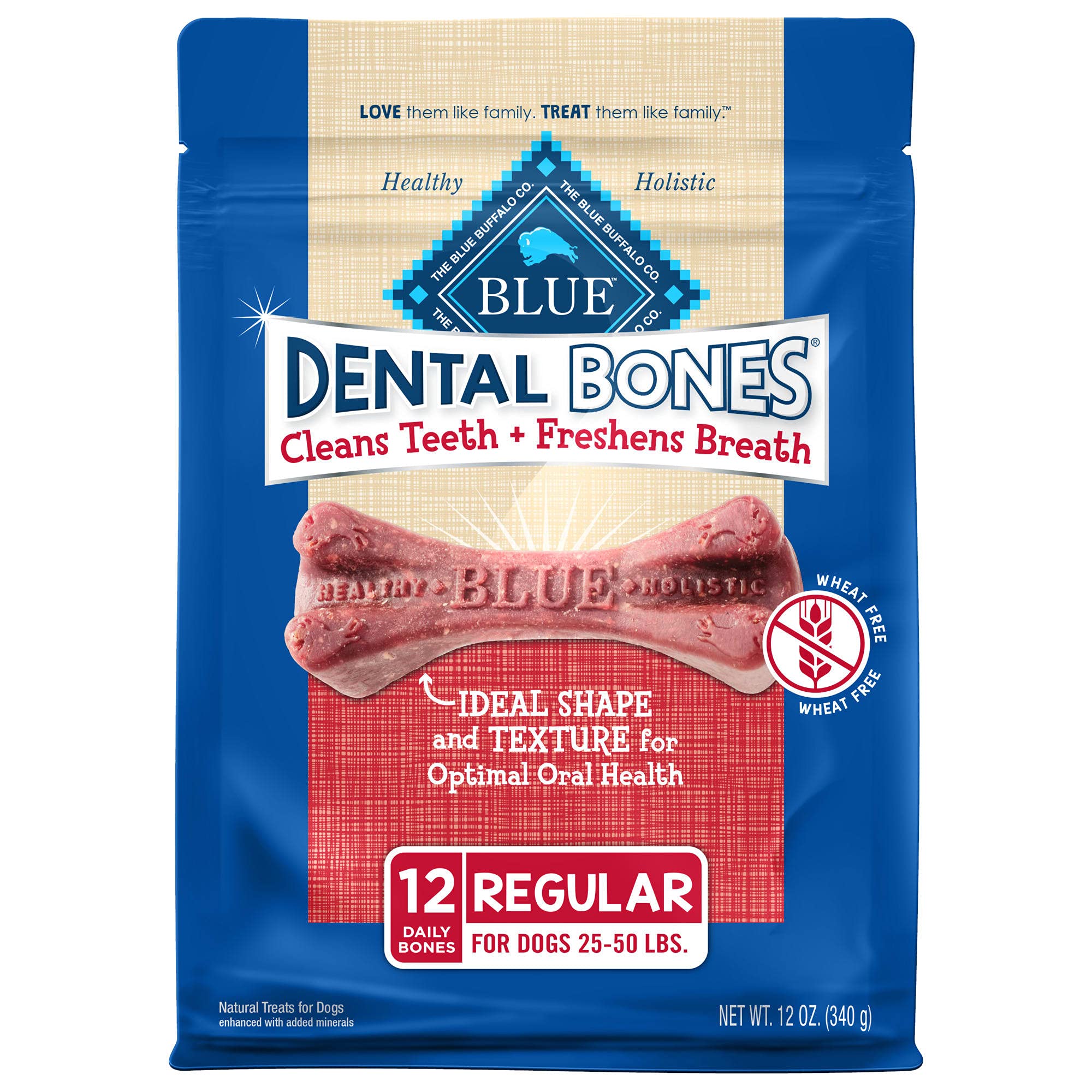 Blue Buffalo Dental Bones Regular Natural Dental Chew Dog Treats, (25-50 lbs) 12-oz Bag