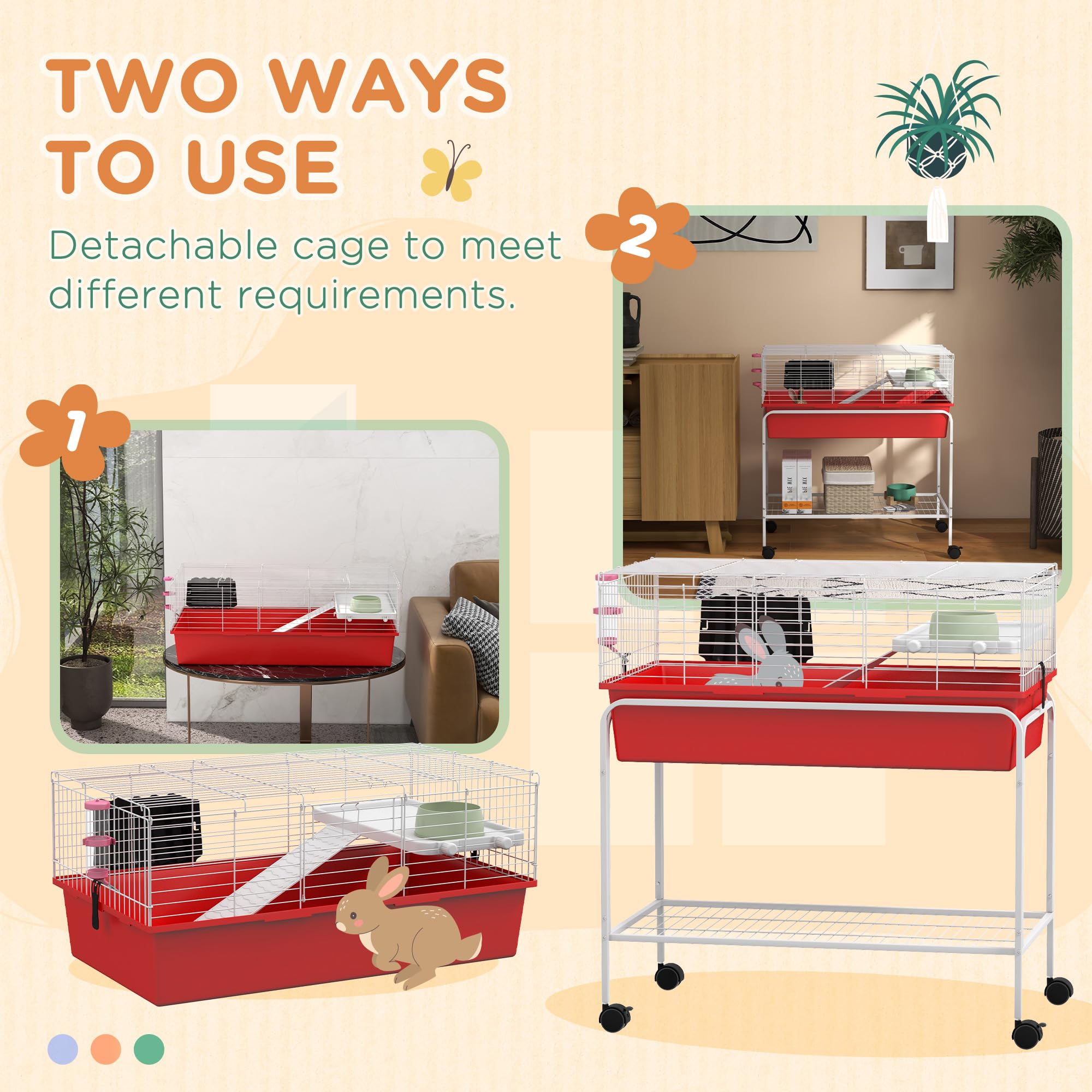 Pawhut Two- Story Small Animal Cage Removable From Stand, For Guinea Pig, Hedgehog, Chinchilla, Ferret, With Shelf & Wheels, Pet