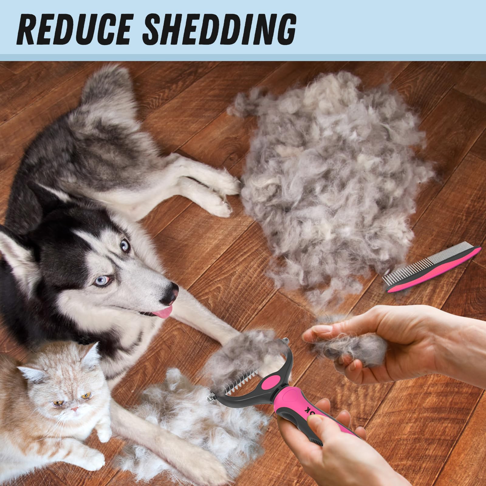 Docrok Pet Grooming Brush & Metal Comb Combo for Dogs & Cats, Pink Dematting Tool for Shedding & Undercoat Rake, Long Haired Pets