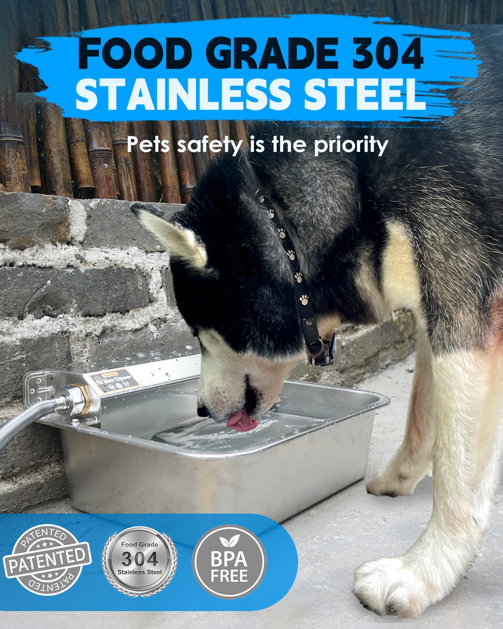 Petimi Automatic Dog Water Dispenser, 2 Gallons 304 Stainless Steel Dog Water Bowl For Indoor/Outdoor, Large Water Bowl For Pets