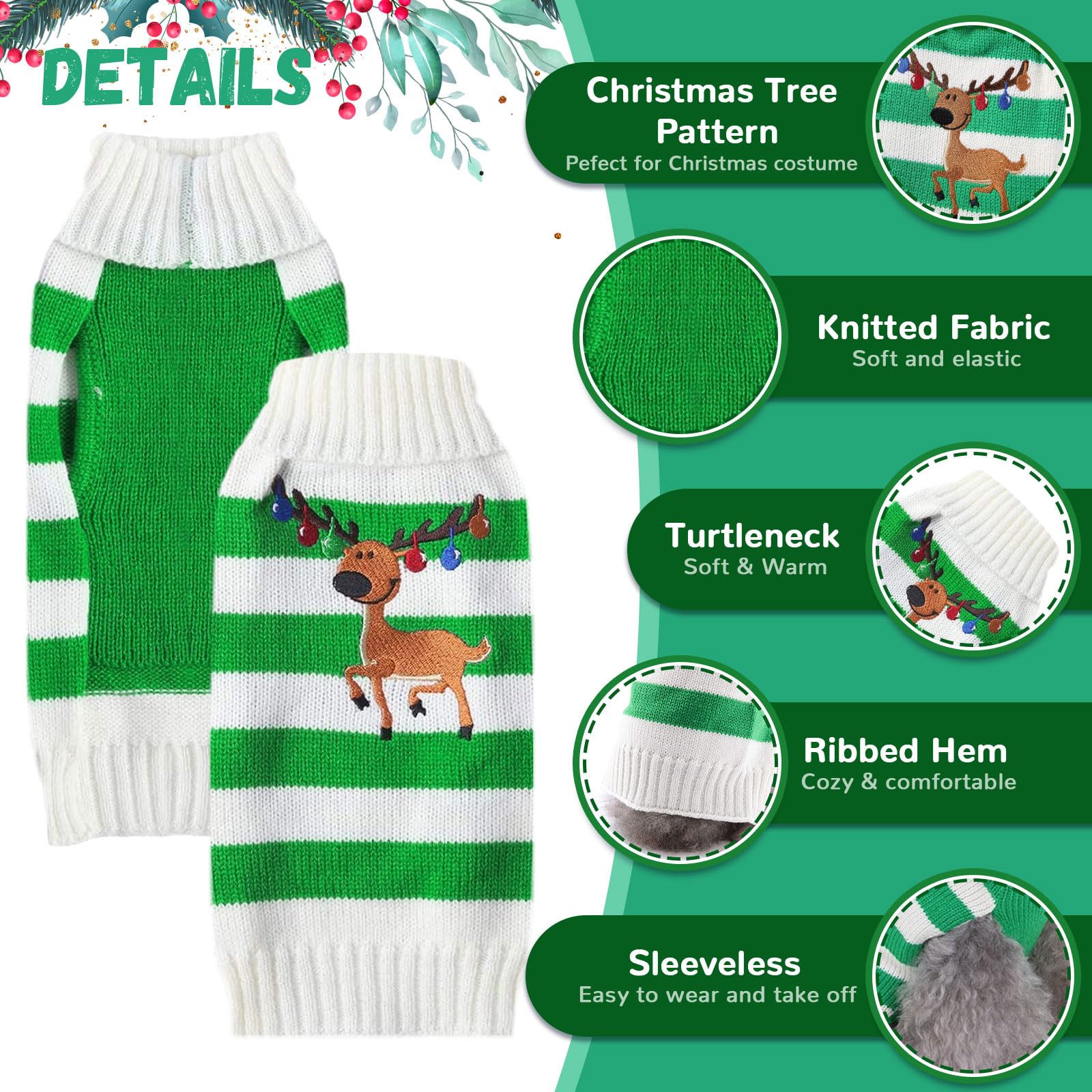 Doggyzstyle Christmas Dog Sweaters Xmas Pet Outfits Striped Elk Costume Holiday Clothes Gifts Puppy Cat Knitted Jumpers (Xs,Gree