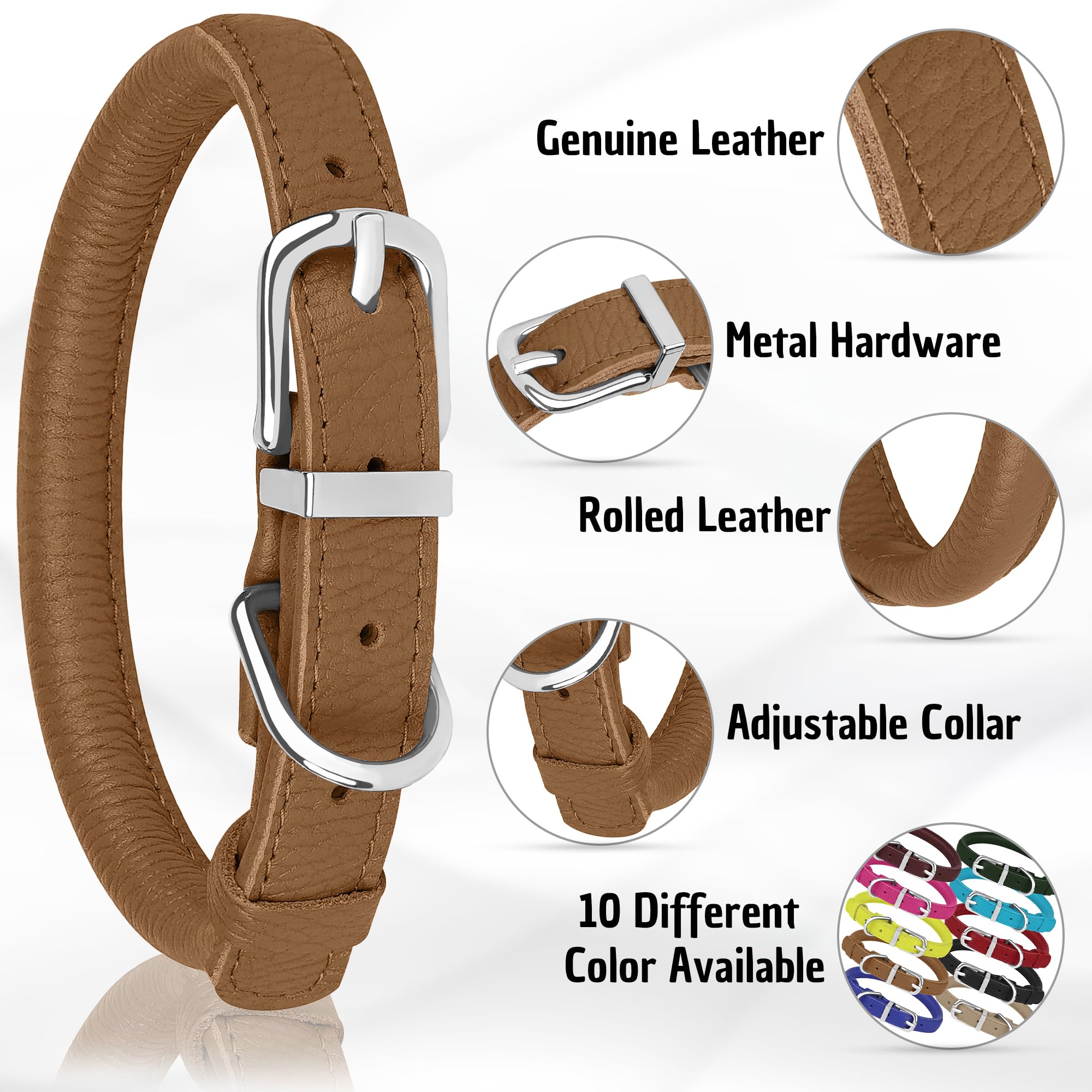 Oopsdoggy Rolled Leather Dog Collar Soft Roll Collars For Small Medium Large Dogs Puppy (Brown, S, 10''-13'')