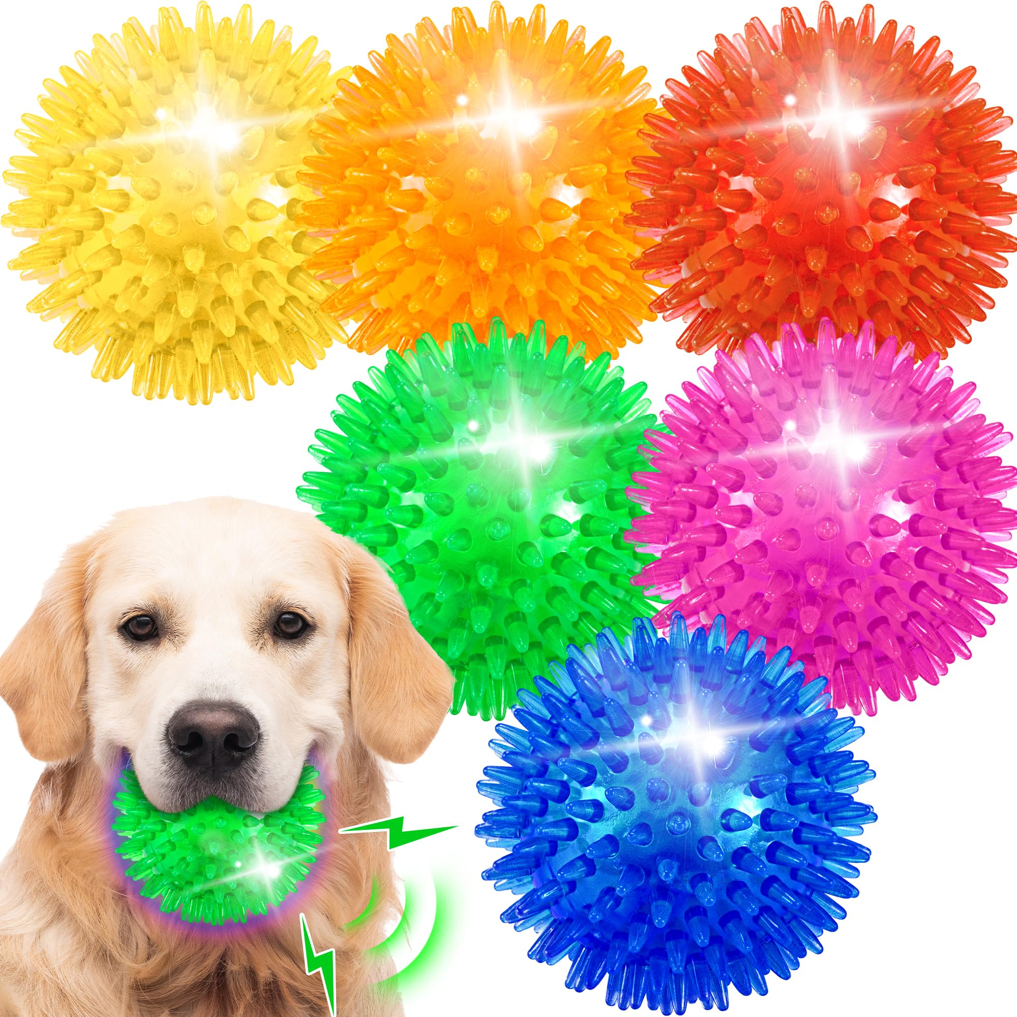 Ousiya 6 Pack 3.5'' Light Up Squeaky Dog Toy Balls, Spiky Dog Balls For Small,Medium Large Dogs