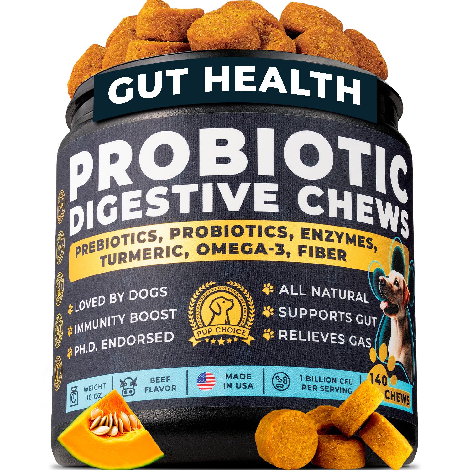 Probiotics for Dogs - PhD Endorsed Digestive Enzymes - Gut Health, Diarrhea & Bowel Support - Dog Treats with Turmeric, Omega-3 