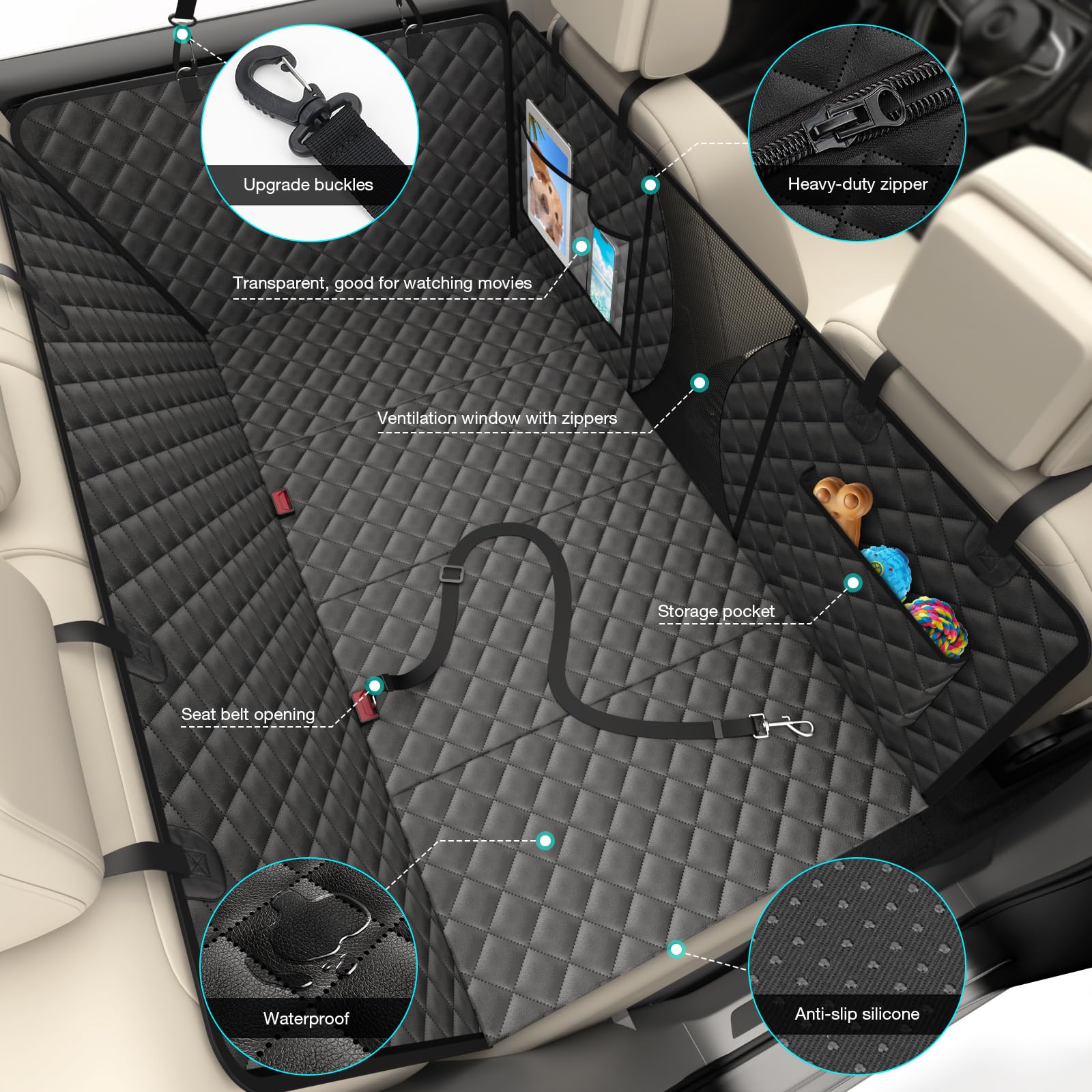 Asfrost Upgraded Pu Leather Dog Car Seat Cover For Back Seat, Waterproof Scratchproof Back Seat Extender Protector With Hard Bot