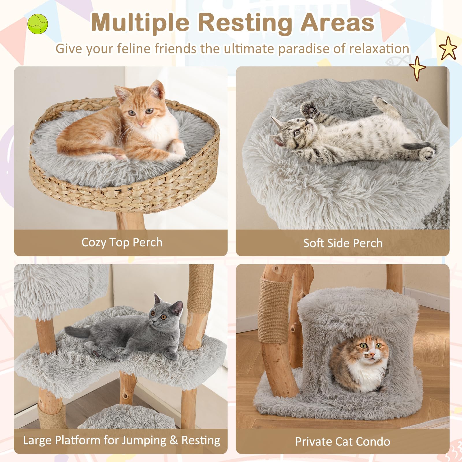 Petsite 49 Inch Cat Tree For Indoor Cats, Cute Solid Wood Modern Multi-Level Cat Tower With Scratching Posts, Top Cattail Basket
