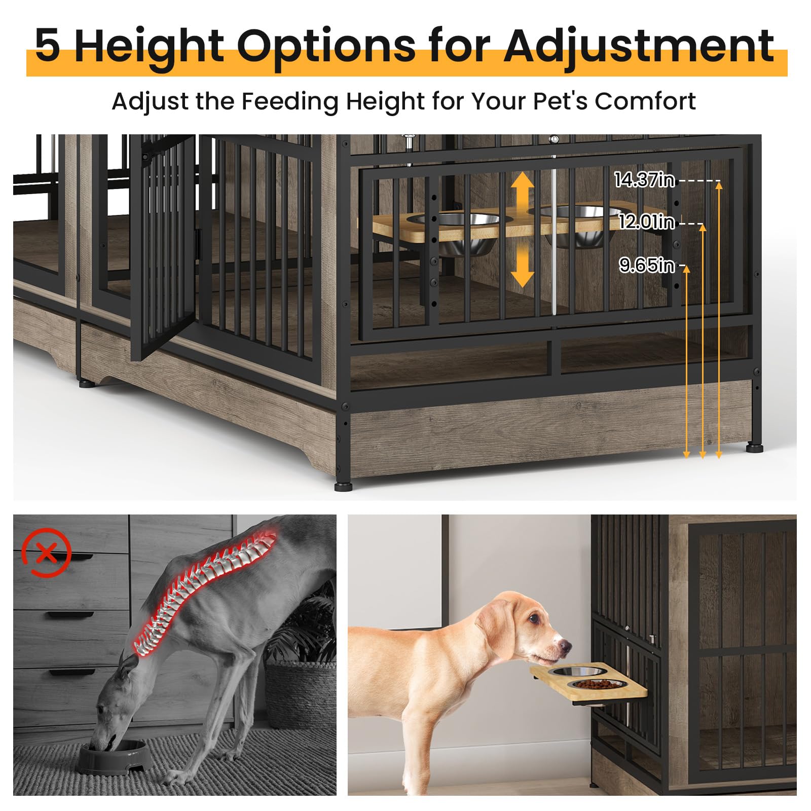 Yafylly 78 Double Dog Crate Furniture, XL Double Dog Kennel with 360 Rotating and Adjustable Height Dog Bowl Holder (4 Bowls),
