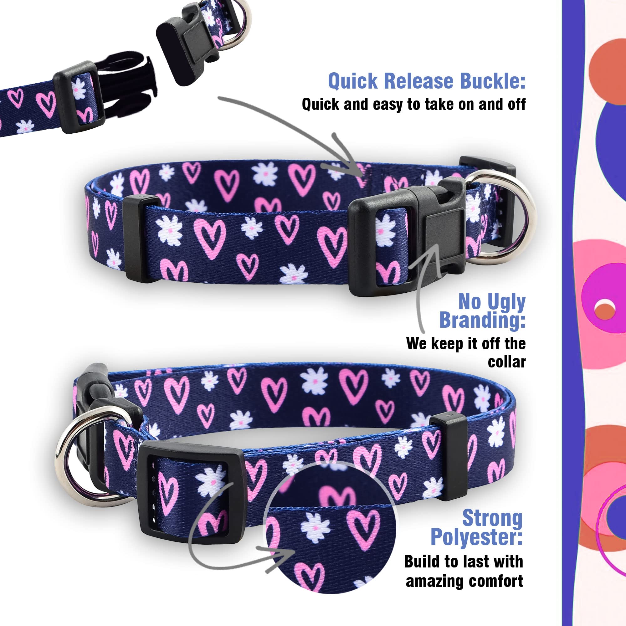 Native Pup Girl Dog Collar Collection, Cute Pink Girly Patterns For Female Puppies, Hearts, Roses, Flowers, Camo, Polka Dot, Gift For Large Or Small Breed (Hearts, Medium)