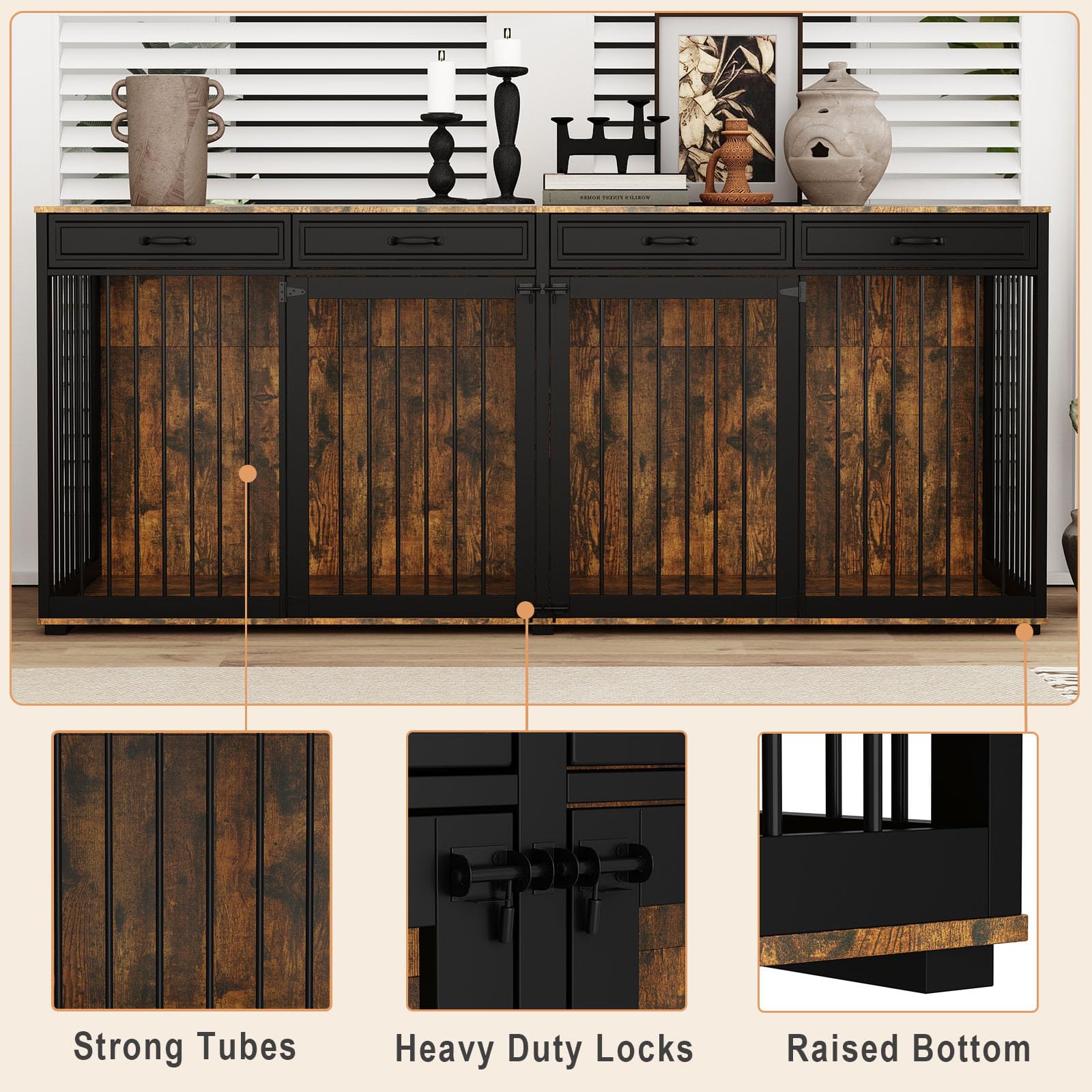 Timechee Extra Large Dog Crate with Double Rooms, 93  Heavy Duty Wooden Dog Cage Furniture Dog Crate Kennel w/Drawers & Removabl