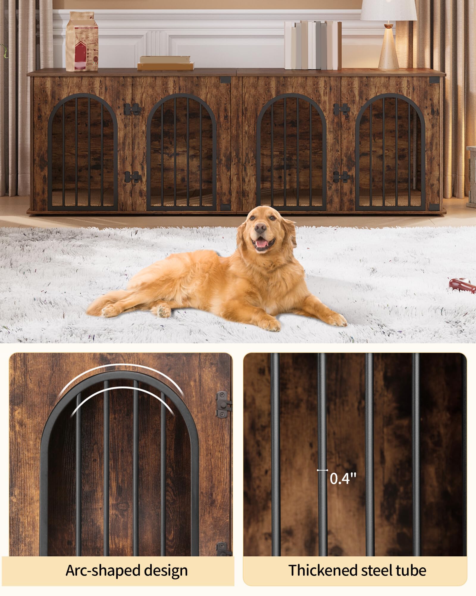 Hzuaneri 63" Heavy Duty Dog Crate Furniture, XL Wooden Indoor Kennel for 2 Dogs, White Brown, Model DFC80914BV1