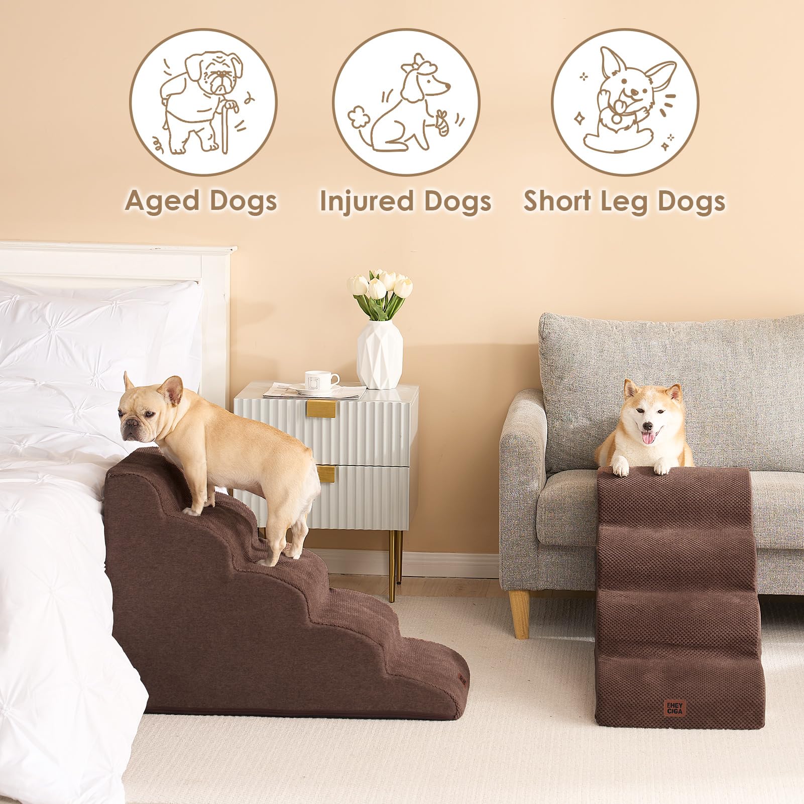 Eheyciga Curved Dog Stairs Ramp For High Beds 22.6' H, 5-Step Dog Steps For Small Dogs And Cats, Pet Stairs For High Bed Climbing, Non-Slip Balanced Pet Step Indoor, Brown