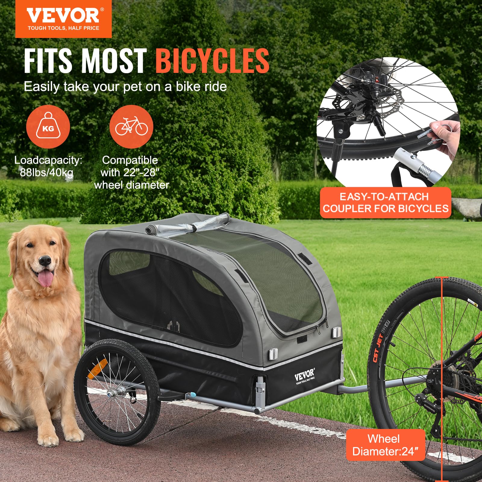 Vevor Dog Bike Trailer, Supports Up To 88 Lbs, Pet Cart Bicycle Carrier, Easy Folding Frame With Quick Release Wheels, Universal Bicycle Coupler, Reflectors, Flag, Collapsible To Store, Black/Gray