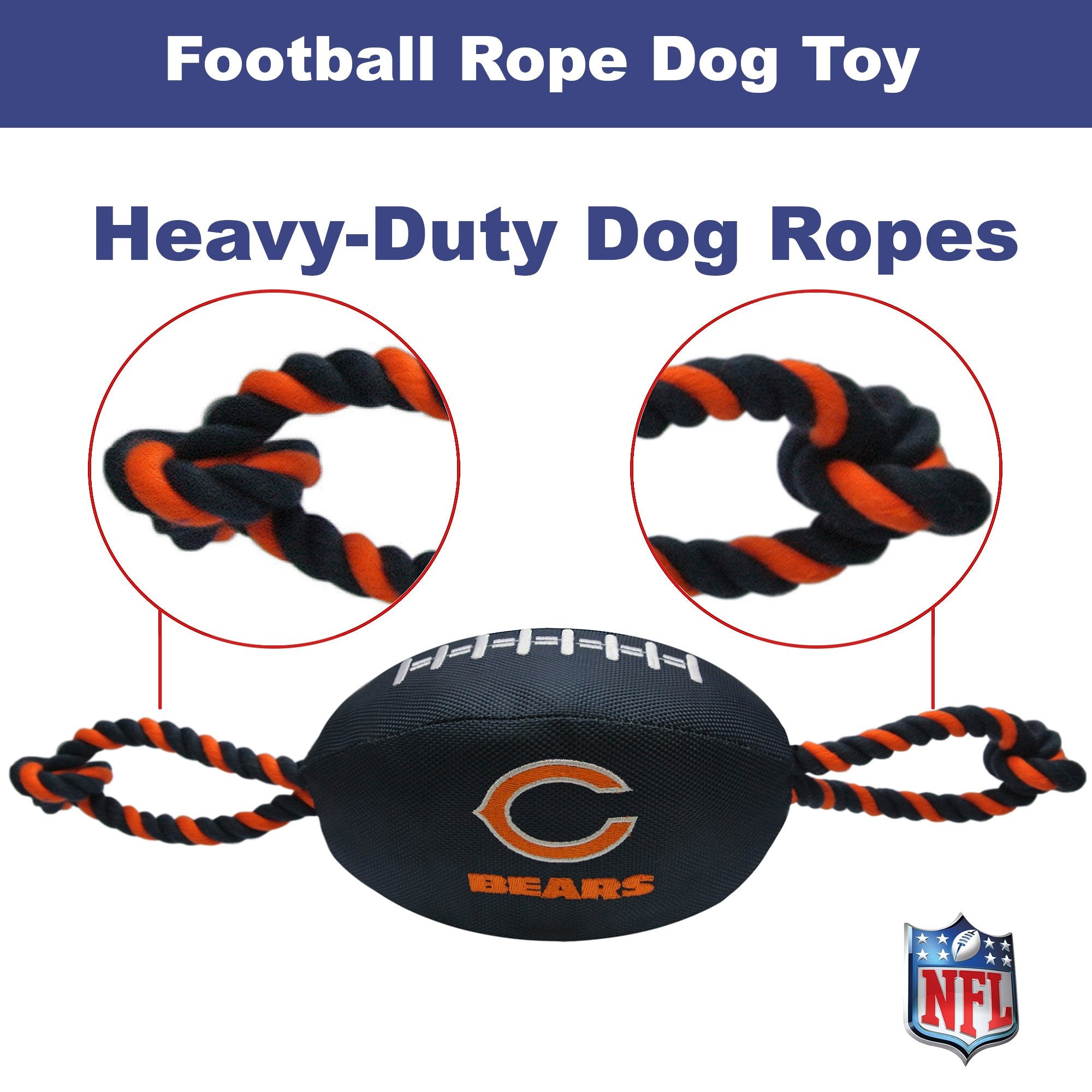 Pets First NFL Chicago Bears Football Dog Toy, Tough Quality Nylon Materials, Strong Pull Ropes, Inner Squeaker, NFL Team Color