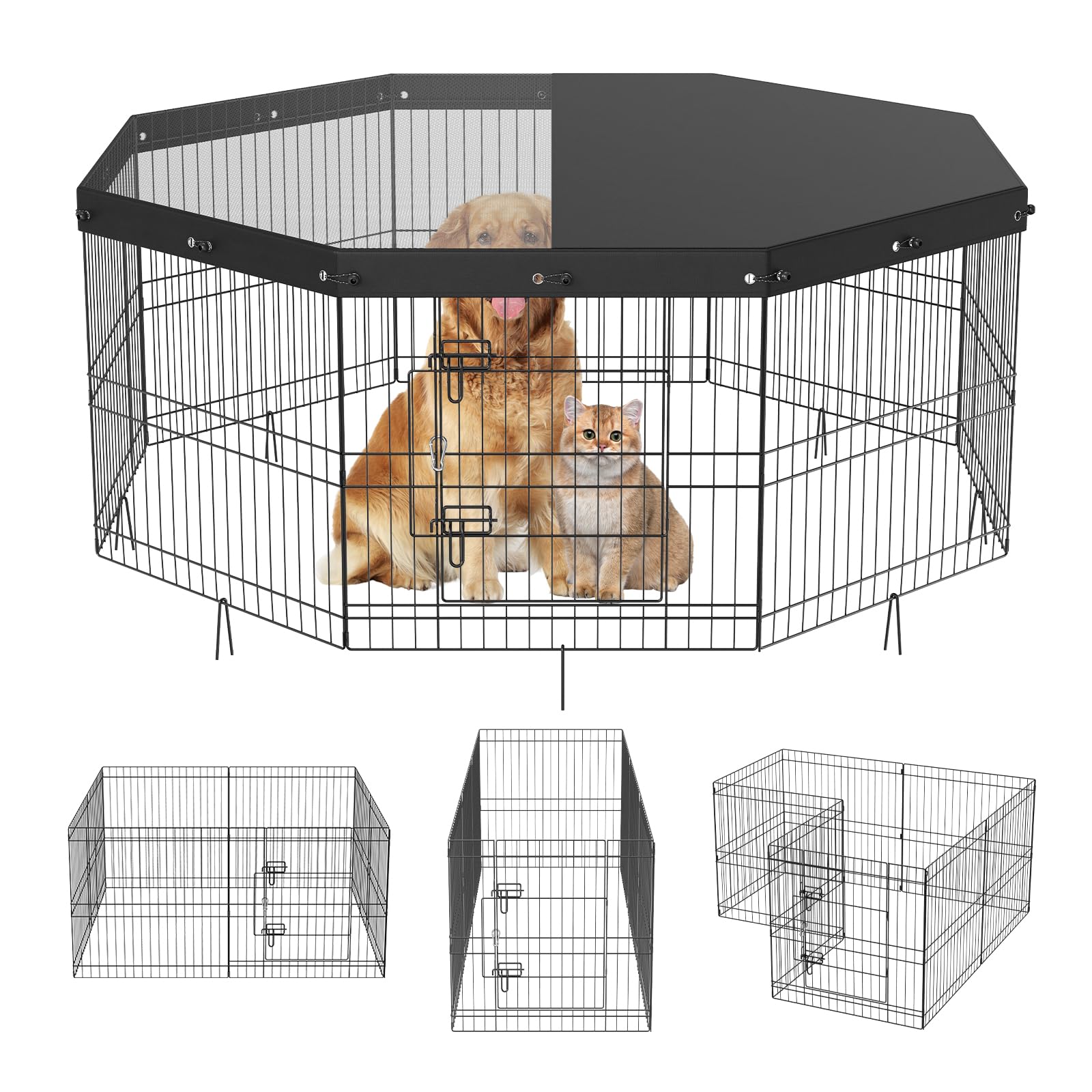 VEVOR Dog Playpen, 8 Panels Foldable Metal Dog Exercise Pen with Top Cover, 24 H Pet Fence Puppy Crate Kennel with Ground Stakes