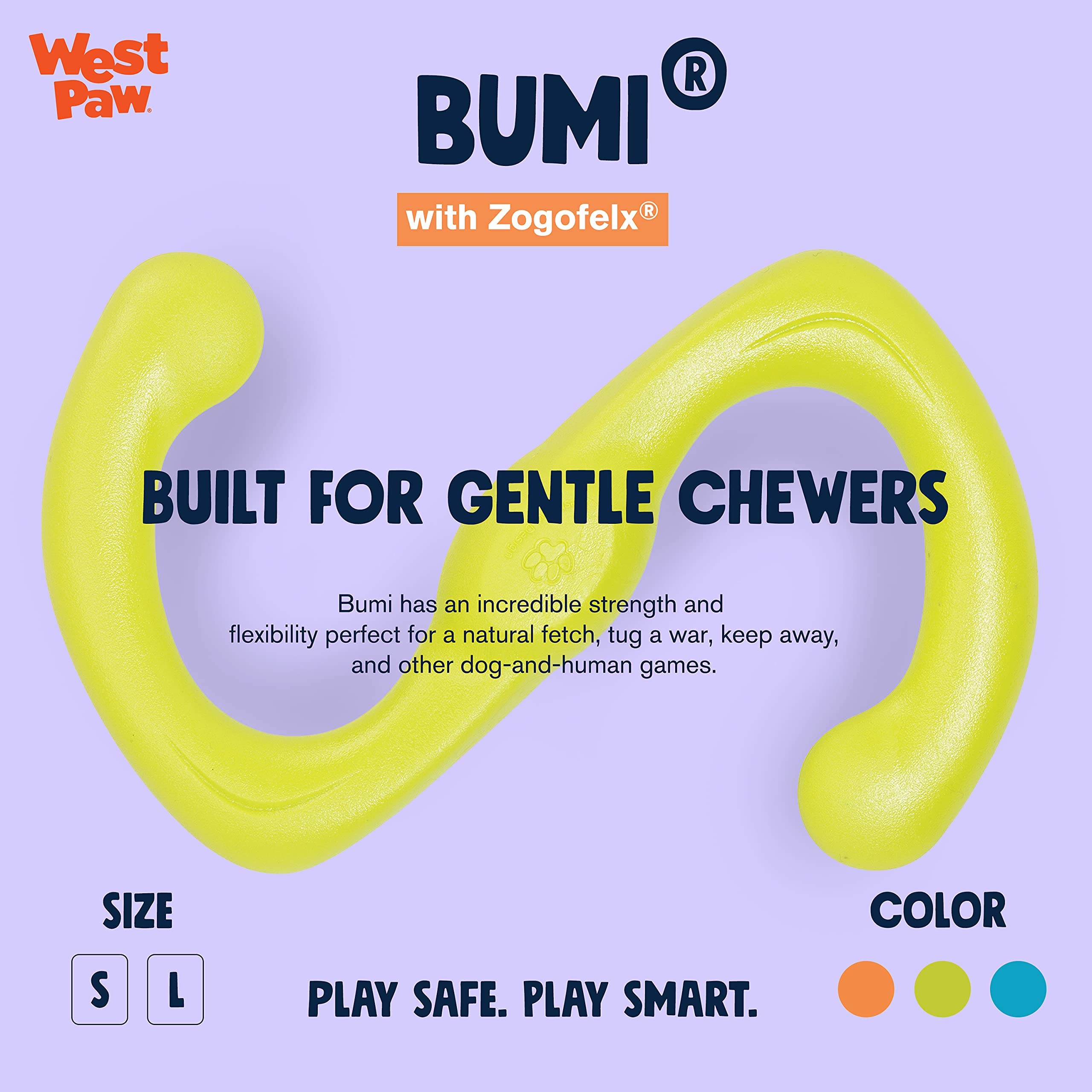 West Paw Zogoflex Bumi Dog Tug Toy - S-Shaped, Lightweight Chew Toys For Fetch, Play, Pet Exercise - Tug Of War Soft Flinging Sq