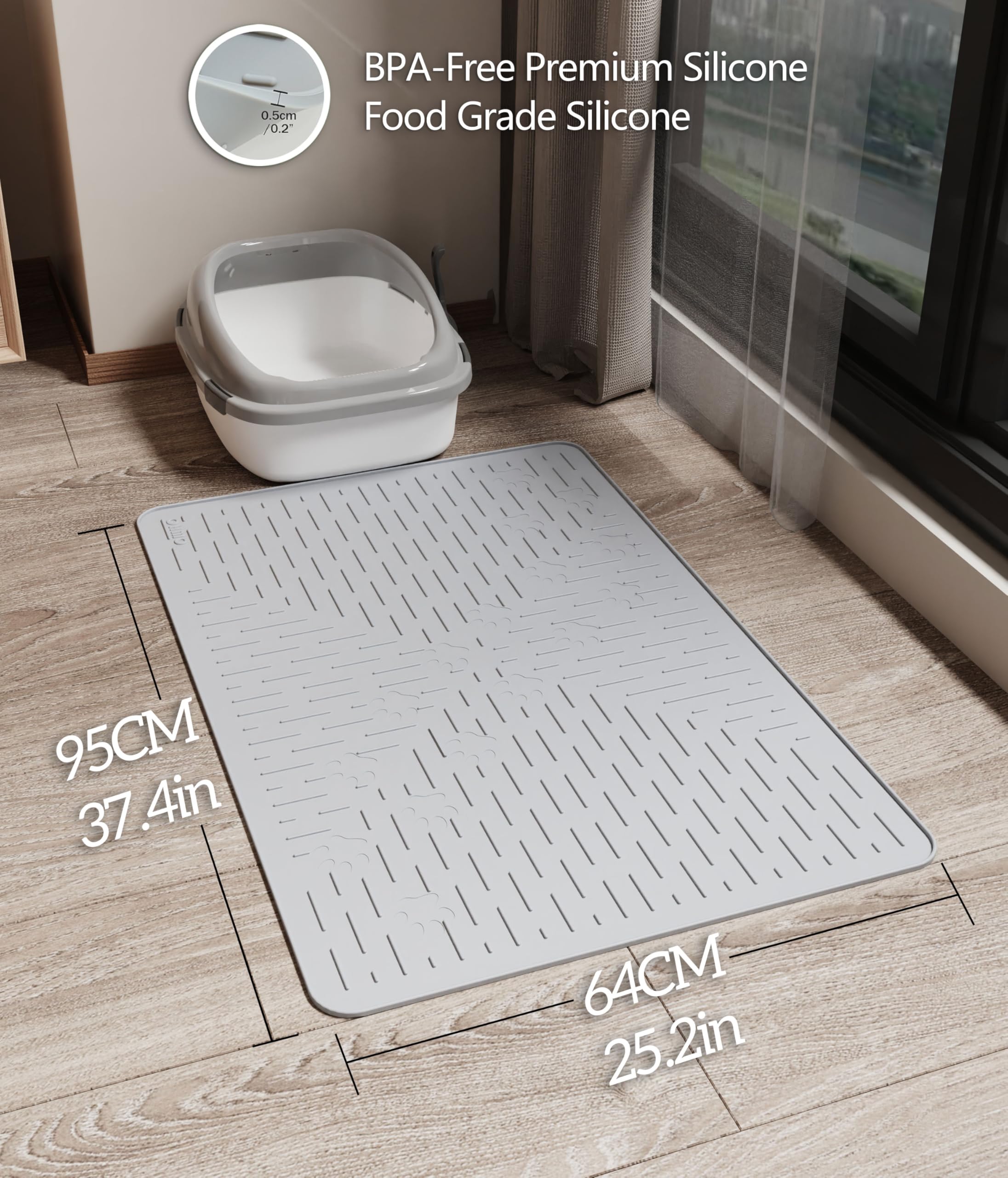 OHMO Cat Litter Mat XXL Trapping Mat Premium Silicone Rubber 37.5x25.2 Ash, Waterproof and BPA Free Kitty Litter Box Mat, Easy t