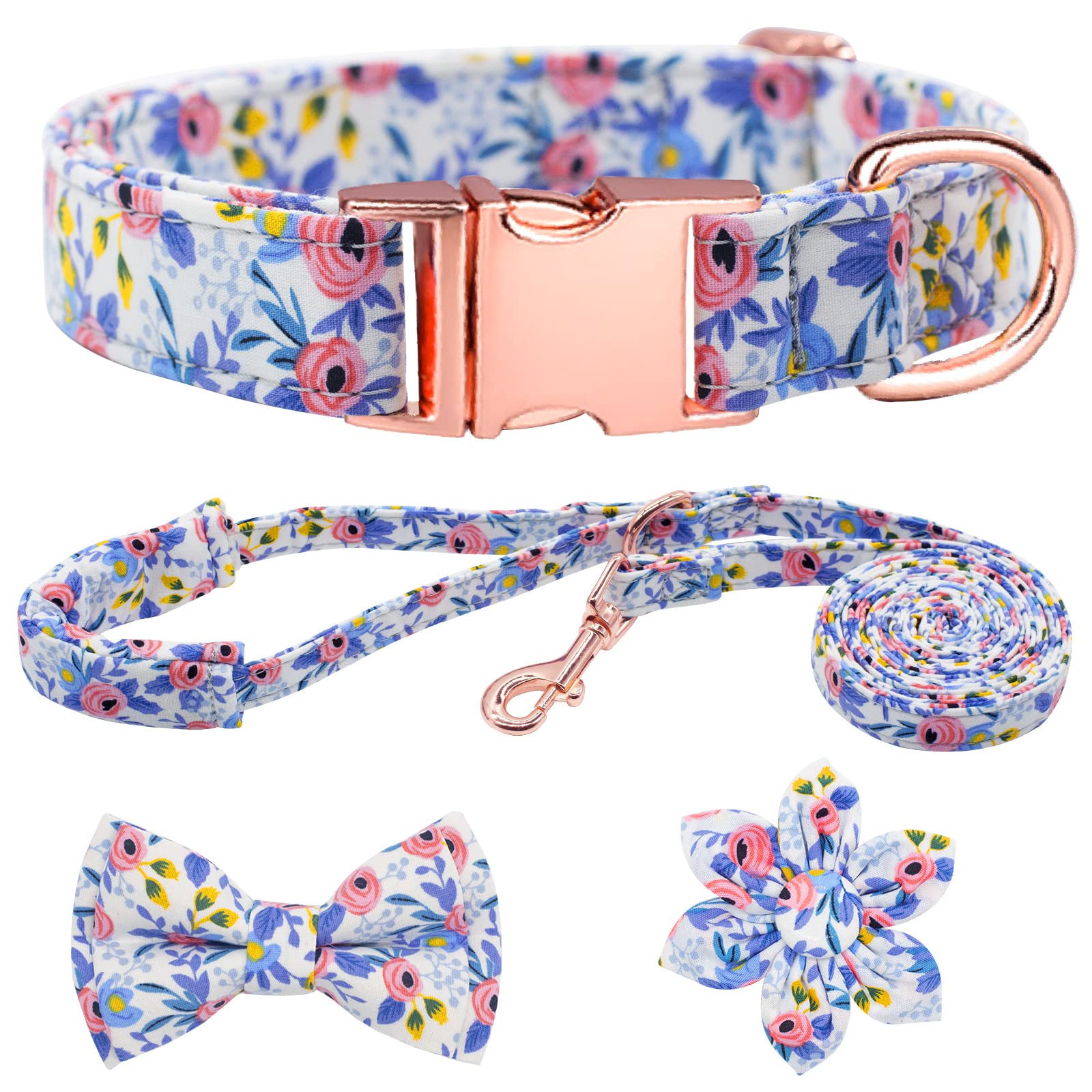 HSIGIO Dog Collar and Leash Set Girls Adjustable Puppy Collars with Floral Bow Tie for Small Medium Large Female Dogs, Blue Flow