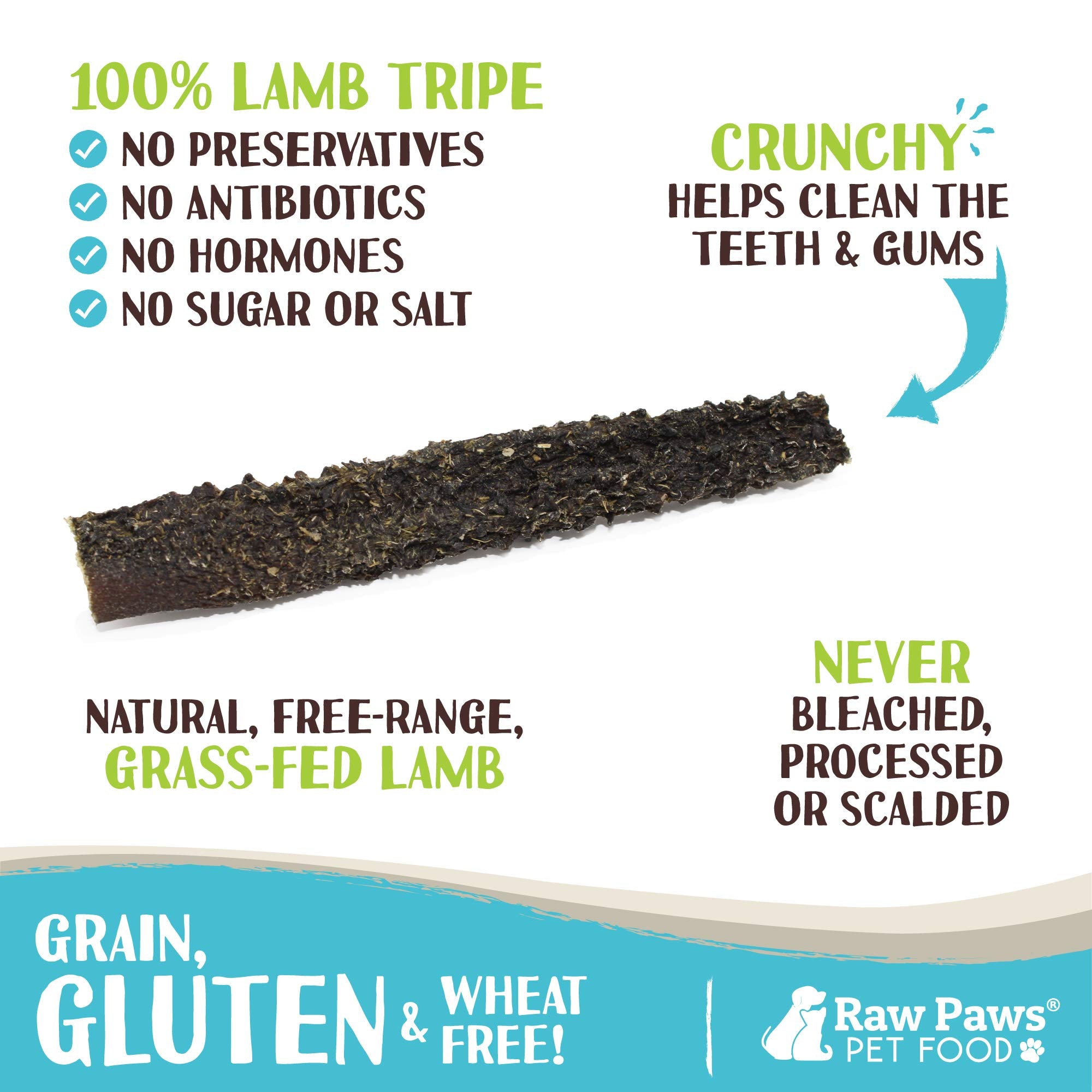 Raw Paws Green Lamb Tripe Sticks for Dogs, 10-Pack - Single Ingredient, Crunchy Green Tripe Lamb Dog Treats - Grass-Fed, Free Ra