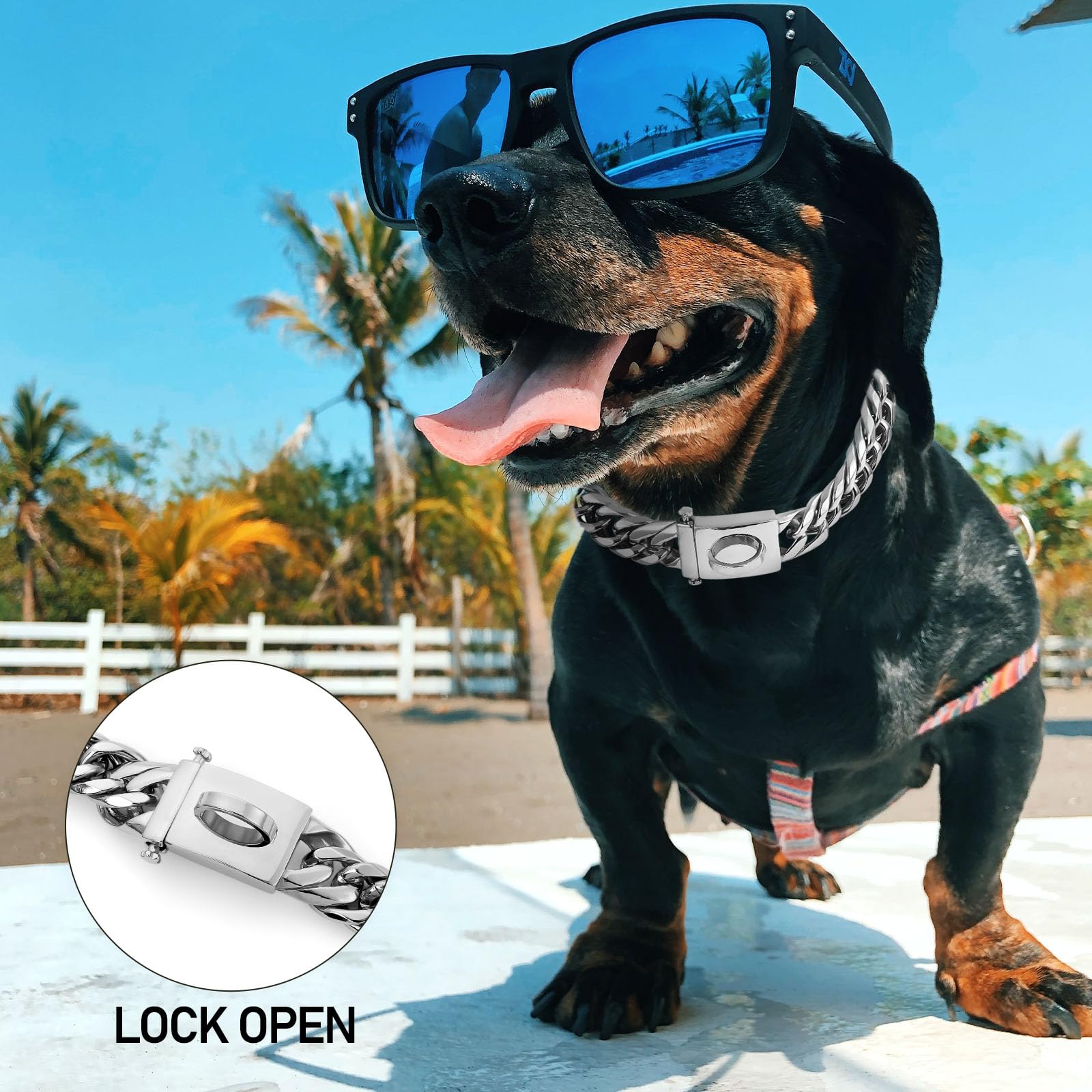 Baobote Silver Chain Dog Collar,16Mm 18K Silver Heavy Duty Cuban Link Collar With Secure Snap Buckle Silver Dog Chain Metal Coll