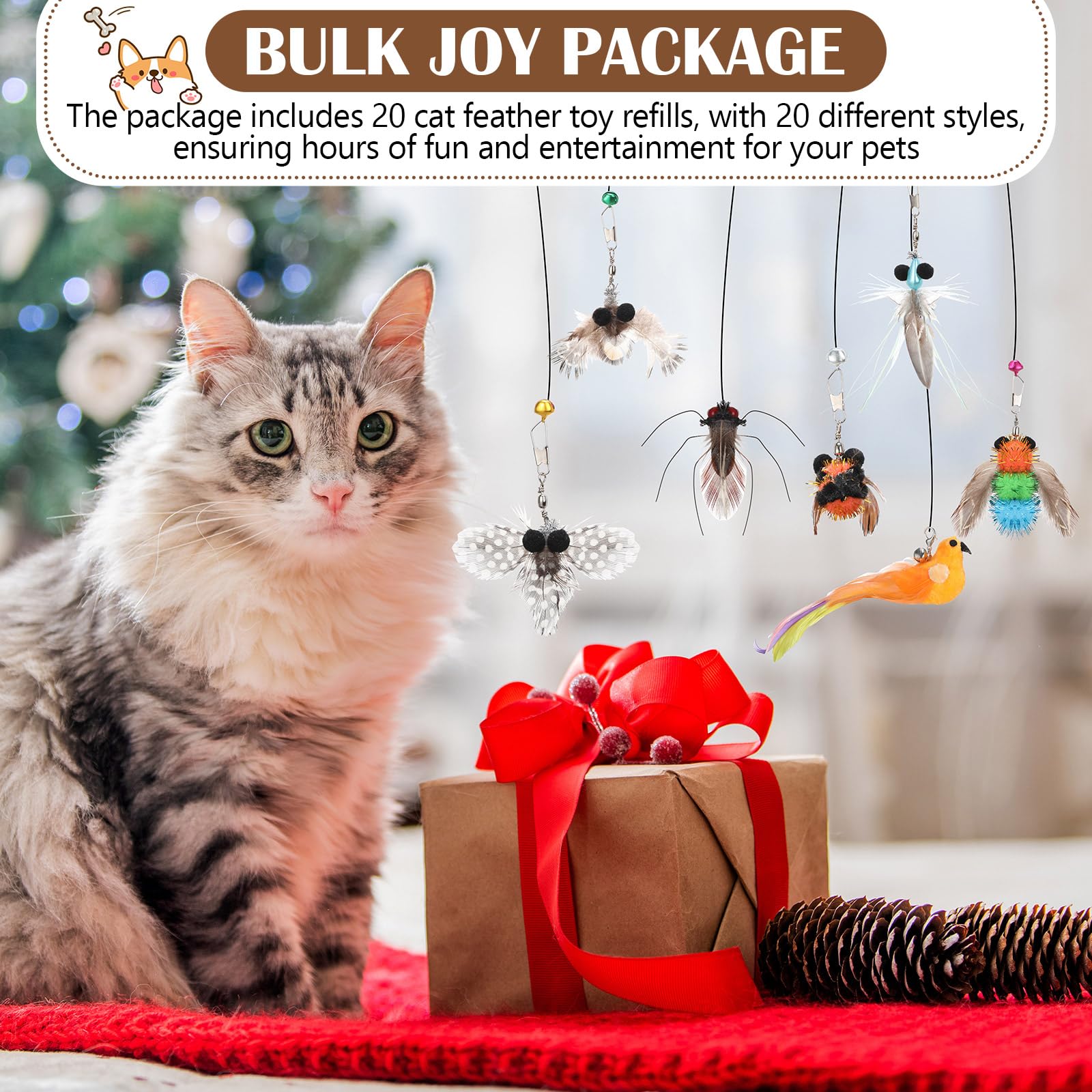 Seenelling 20 Pcs Cat Feather Toys Refill Bird Insects Mouse Simulation Cat Wand Toy Refill Wand Attachments Pet Toy Replacement