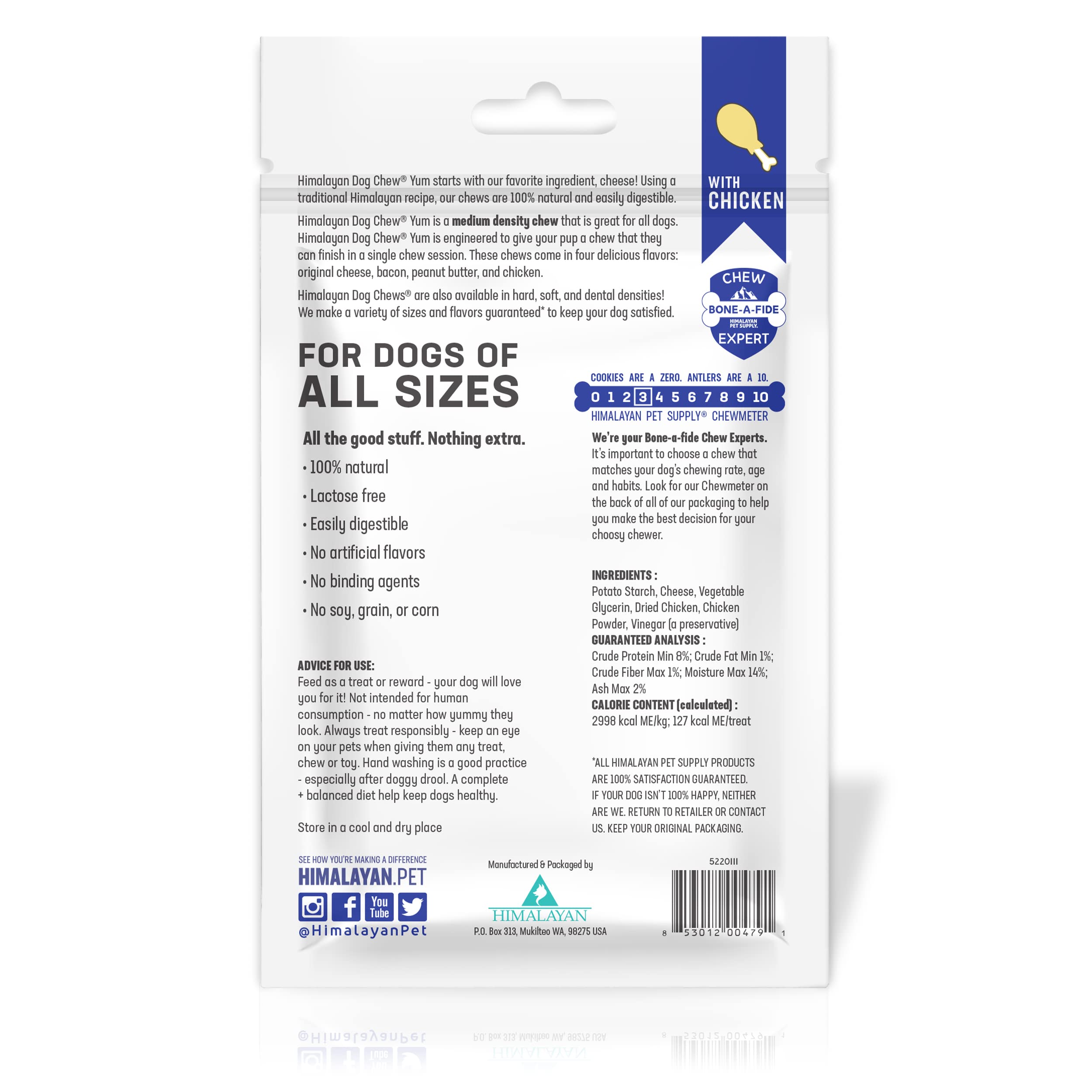 Himalayan Dog Chew Yak Cheese Dog Chews, Lactose Free & Grain Free, USA Made, for All Dog Breeds, Medium Density Cheese Chew, Re