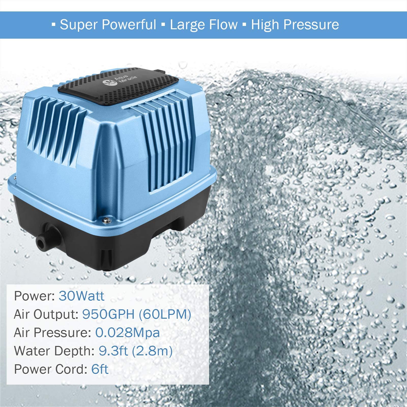 AquaMiracle AP60 Linear Air Pump - 950GPH Aerator for Ponds, Hydroponics & Aquariums - Blue, Durable Copper & Steel Construction