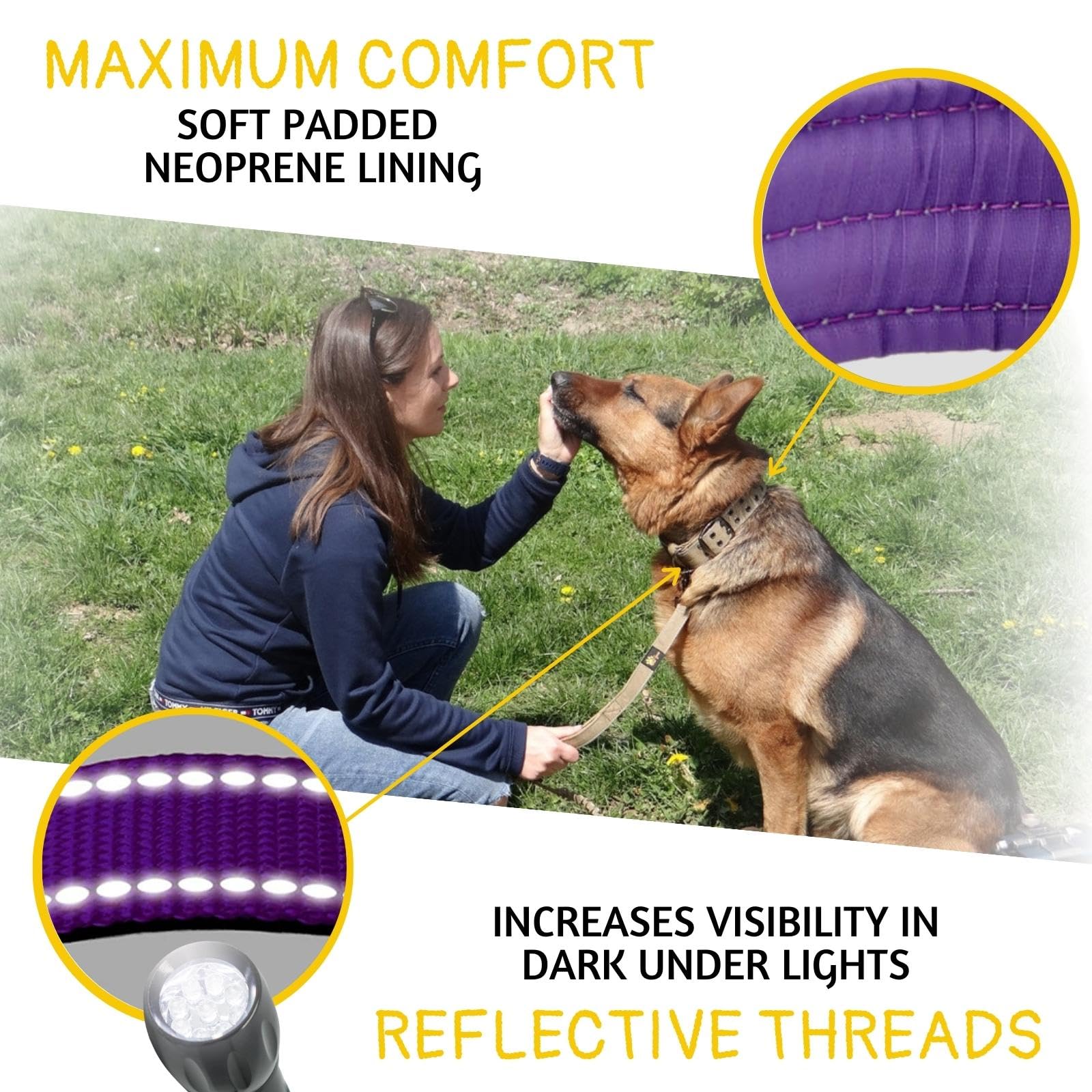 Adityna Heavy Duty Dog Collar For Medium Dogs - Reflective Purple Collar With Handle For Training, And Walking - Wide, Thick, Ta