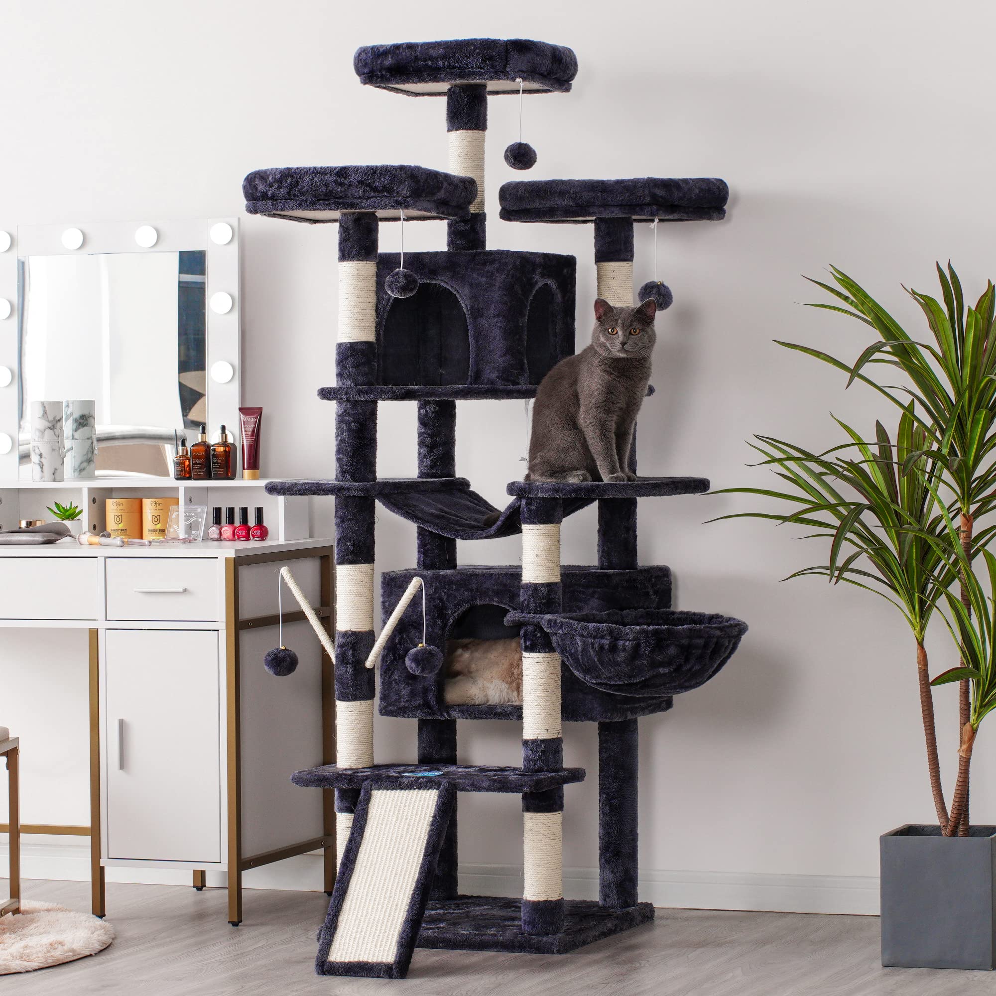 Hey-Brother Cat Tree, 71 Inches Xl Large Cat Tower For Indoor Cats, Multi-Level Cat House With 3 Padded Perches, Big Scratcher, Cozy Basket, 2 Cat Condos And Scratching Posts, Smoky Gray Mpj034G