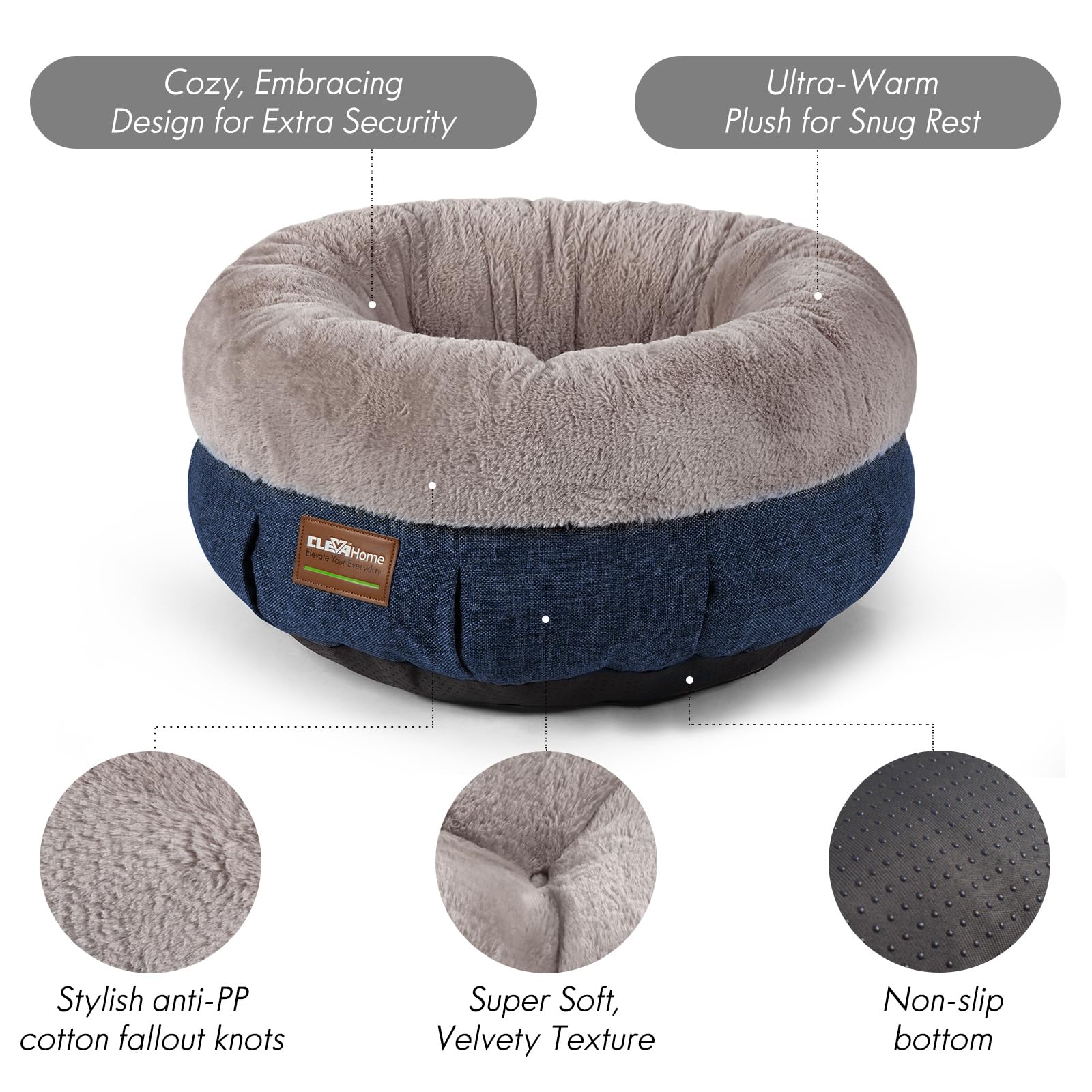 Clevahome Cozy Cat Bed - Ultra-Soft Plush Pet Bed With Raised Sides And Anti-Slip Base, Comfortable Round Bed For Small Pets Up