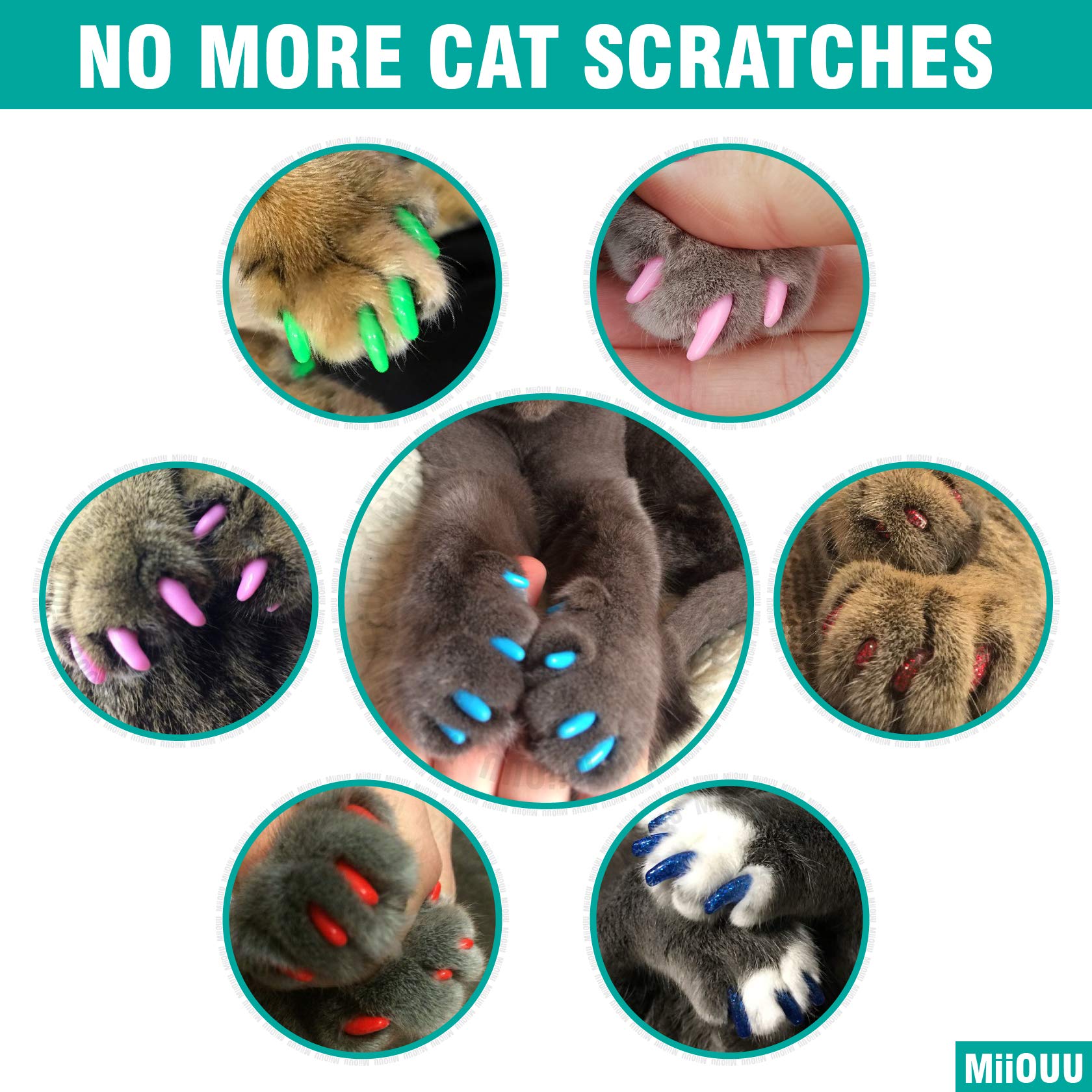 Miiouu 10X Colors / 100 Pcs Cat Nail Caps | Cat Claw Covers With Adhesives And Applicators | Beta (S)