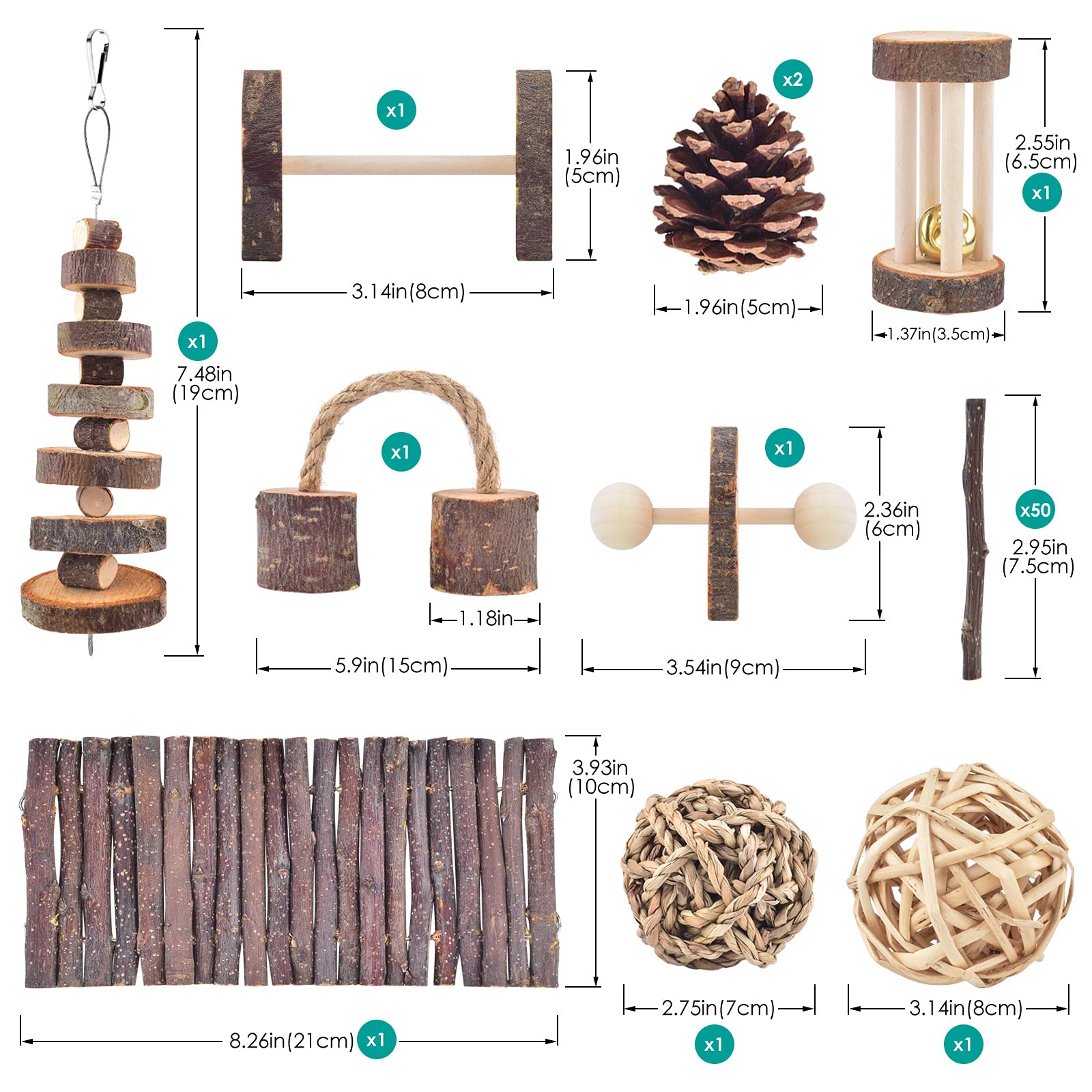 Erkoon 11 Pack Chinchillas Chew Toys, Toys Accessories For Teeth Care, Natural Apple Wood Ladder Bell Roller For Russian Hamster