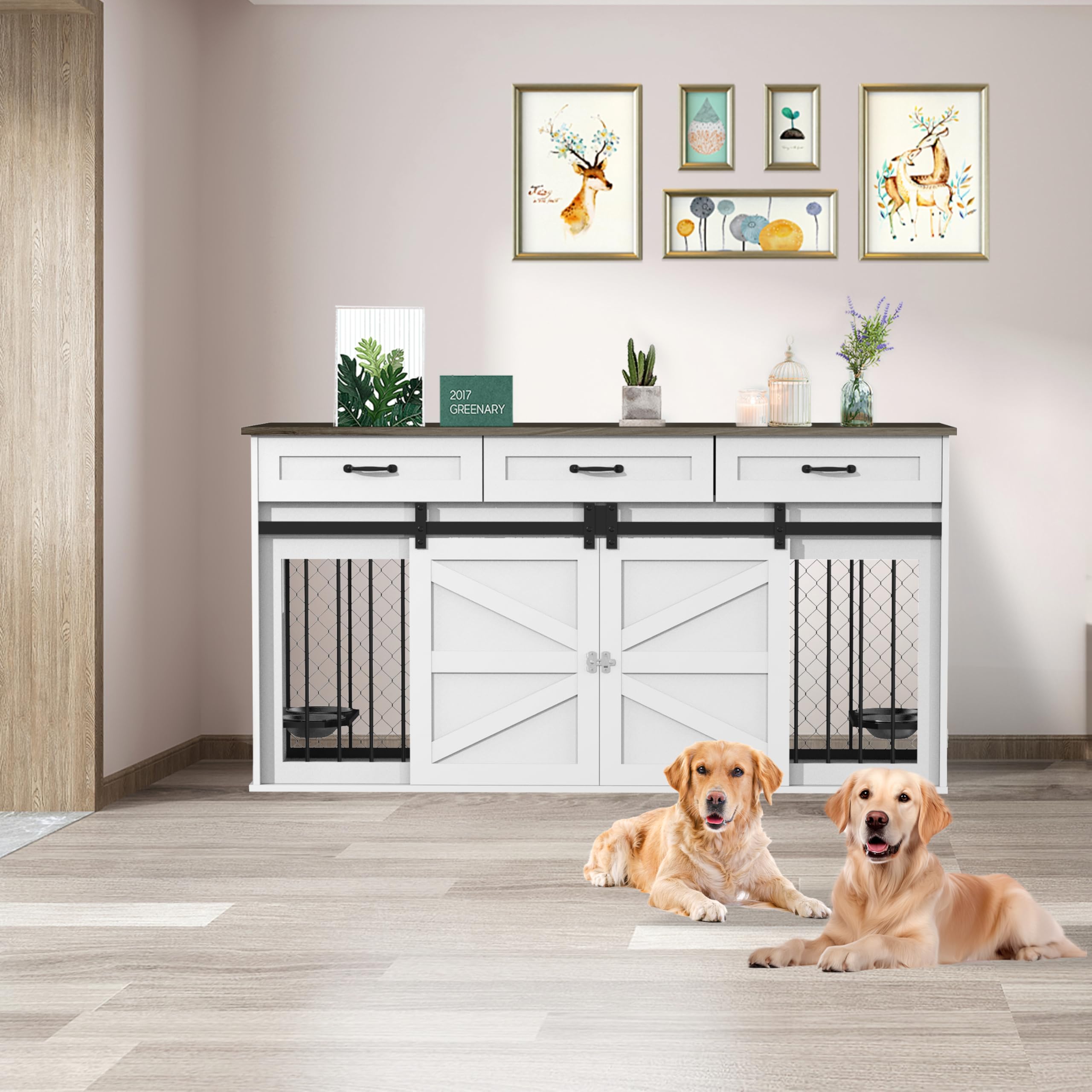 RQZ 65 Double Dog Crate Furniture for 2 Dogs Heavy Duty Wood Dog Cage Table with 3 Storage Drawers and 4 Stainless Steel Bowls D