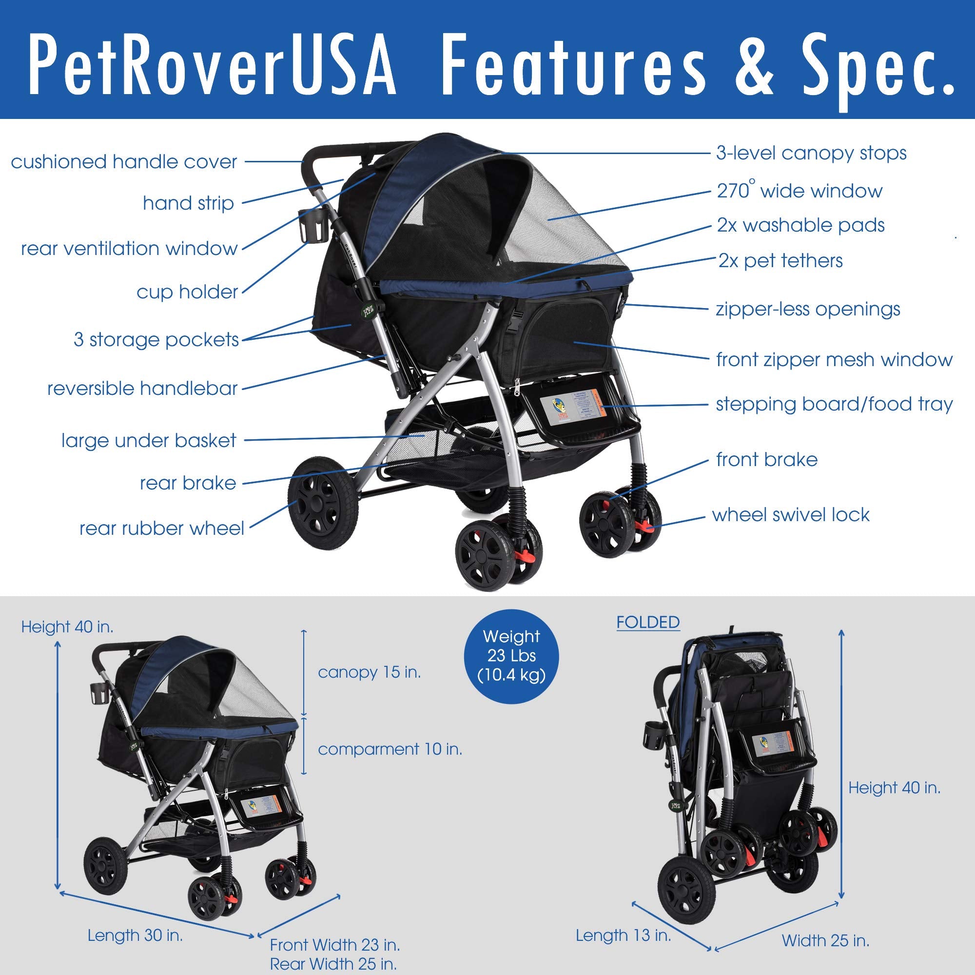Hpz Pet Rover Premium Heavy Duty Dog/Cat/Pet Stroller Travel Carriage With Convertible Compartment/Zipperless Entry/Reversible Handle/Pump-Free Rubber Tires For Small, Medium, Large Pets-Midnight Blue