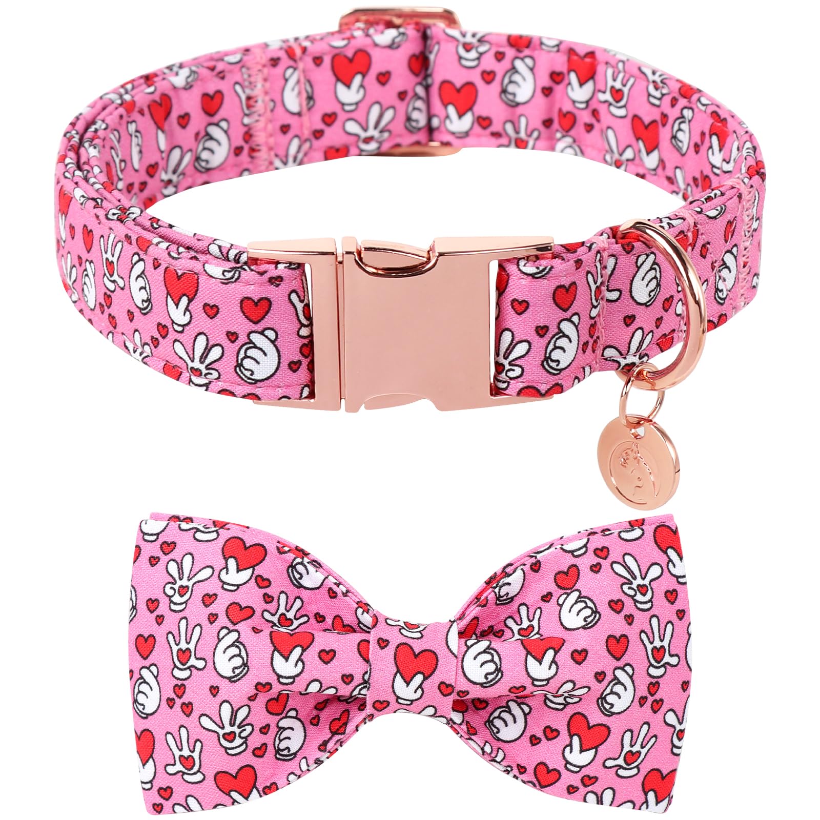 Dogwong Valentine Dog Collar With Bow, Pink Heart, Medium, Cotton, Decorative, Small, Medium, Large Dog