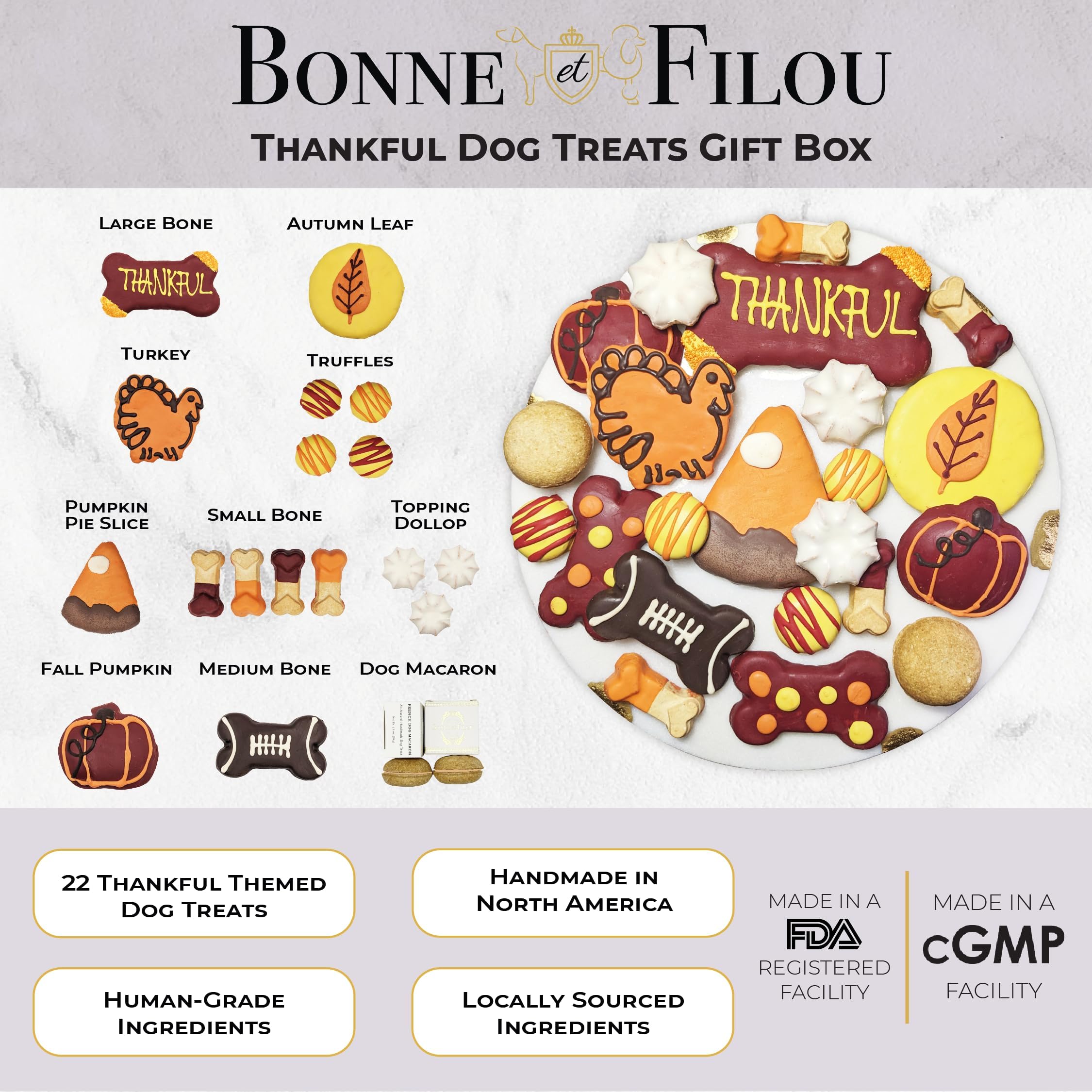 Bonne et Filou Thankful Dog Treats, Gourmet Gift Box, 22 Festive Fall Themed Macarons, Truffles & Bone Cookies, Healthy Snacks f