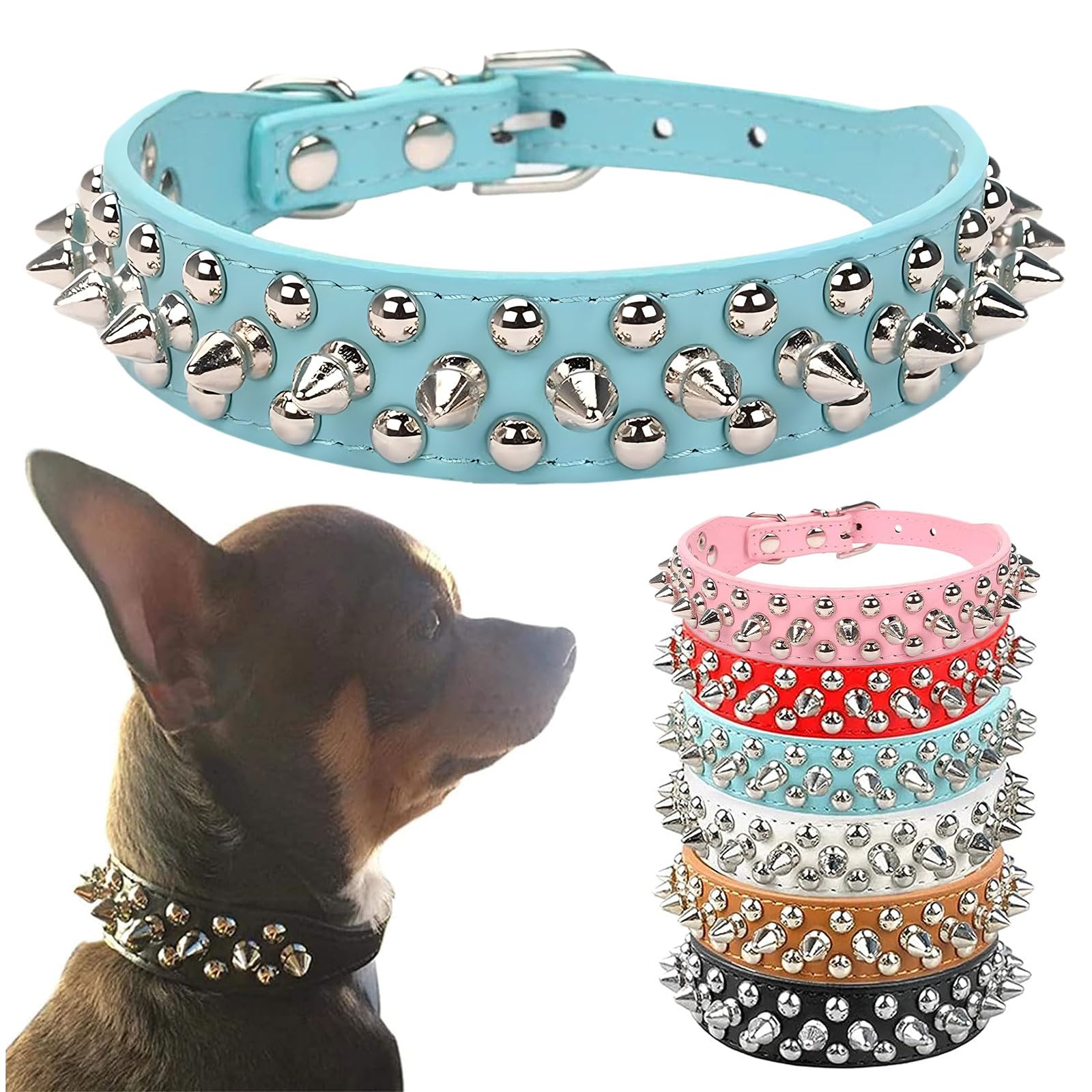 Petcare Spiked Dog Collar Blue Soft Pu Leather Funny Mushrooms Rivet Spike Studded Puppy Collar Adjustable Outdoor Pet Dog Colla