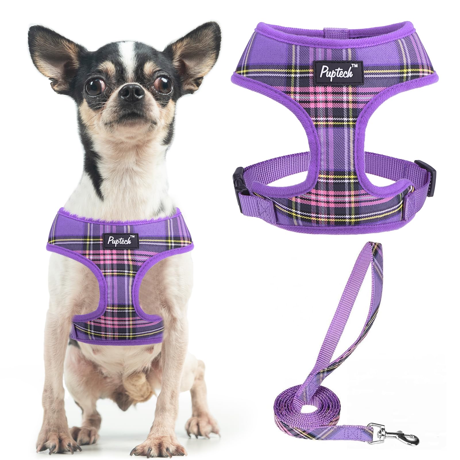 PUPTECK Soft Mesh Dog Harness and Leash Set Pet Puppy Cat Comfort Padded Vest No Pull Harnesses, Purple, XS